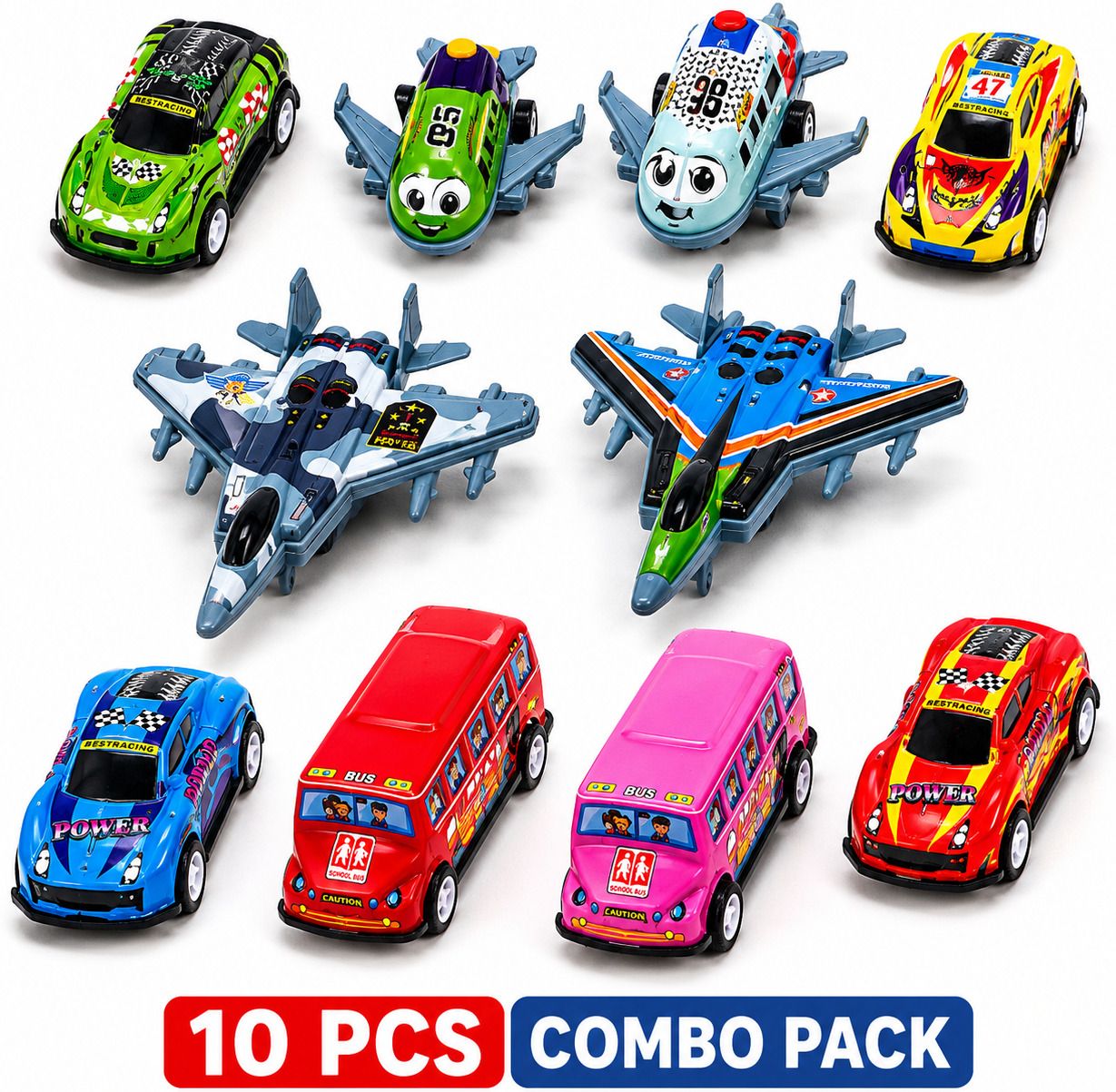 Pull Back Mix Toy Combo Set,Racing Cars, Fighter Jets, Aeroplanes & School Vans-image-44