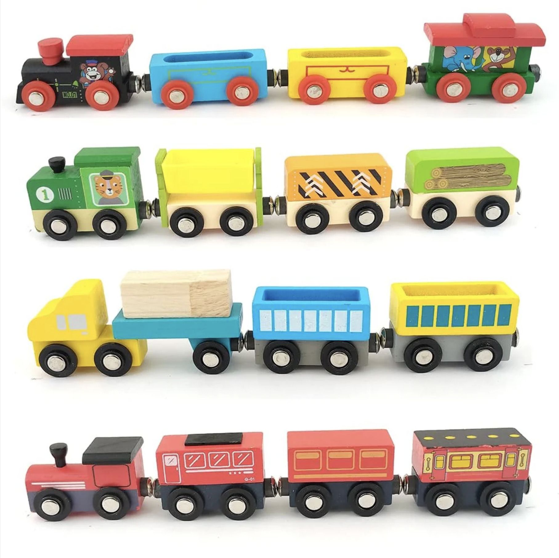 Wooden Train Set for Magnetic with Colorful Engines & Wagons (1 Random Set)-image-17