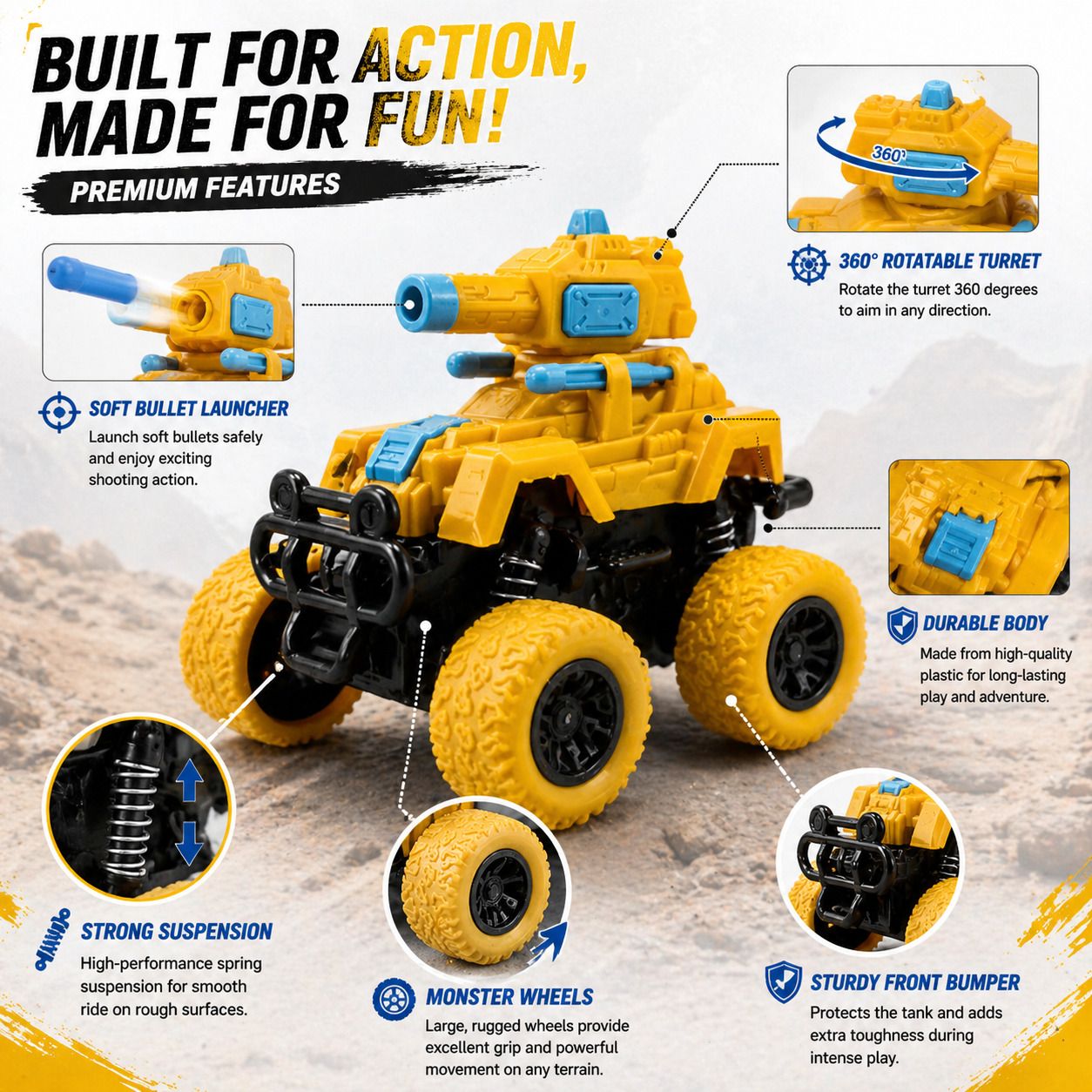 color flame Tank Launcher Monster Truck Car for Gift | Bullet Shooting-Push & Go, 360° Stunt-picture-41