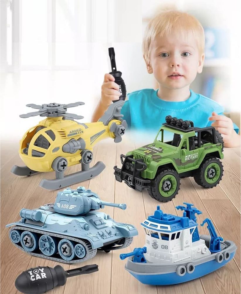 DIY Navy Police Vehicle Set Toy Kids Assembling Helicopter Bout Jeep Army Trunk-image-19