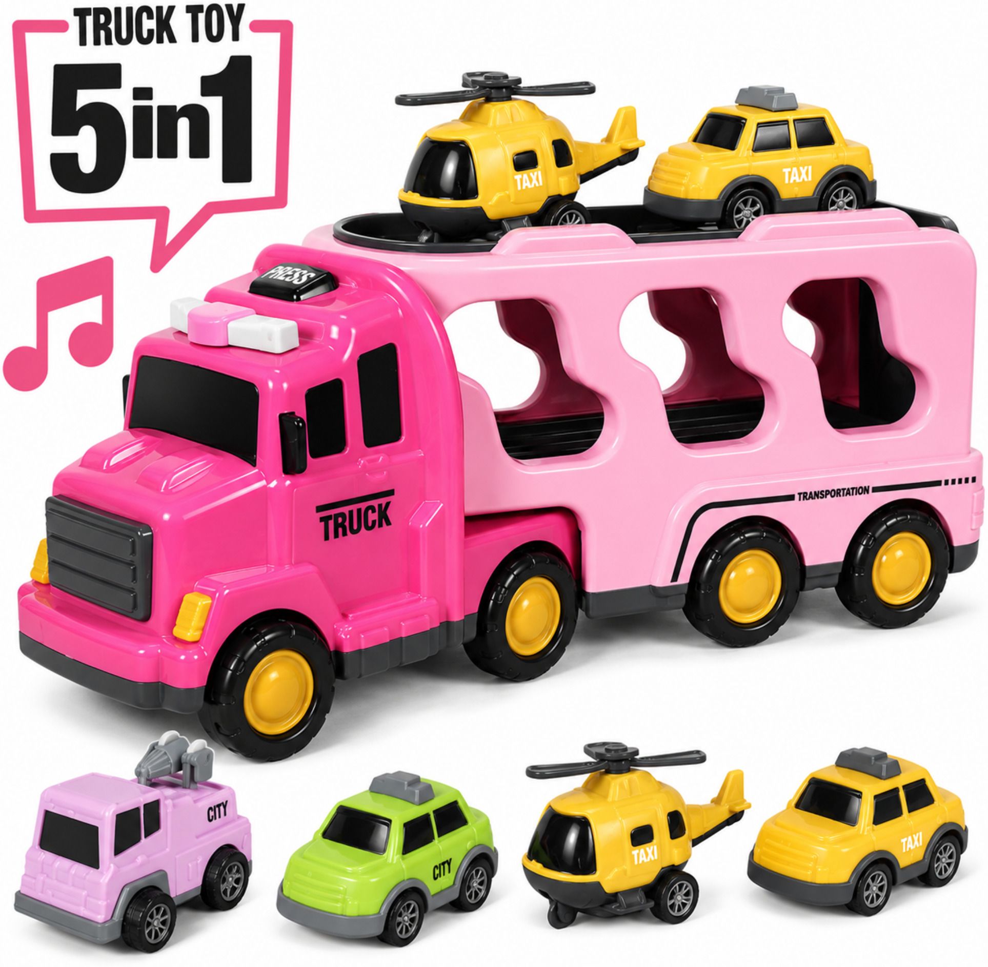 5-in-1 Pull Back Pink Transport Truck Toy For Kids with Music & Lights Age 3+-image-38