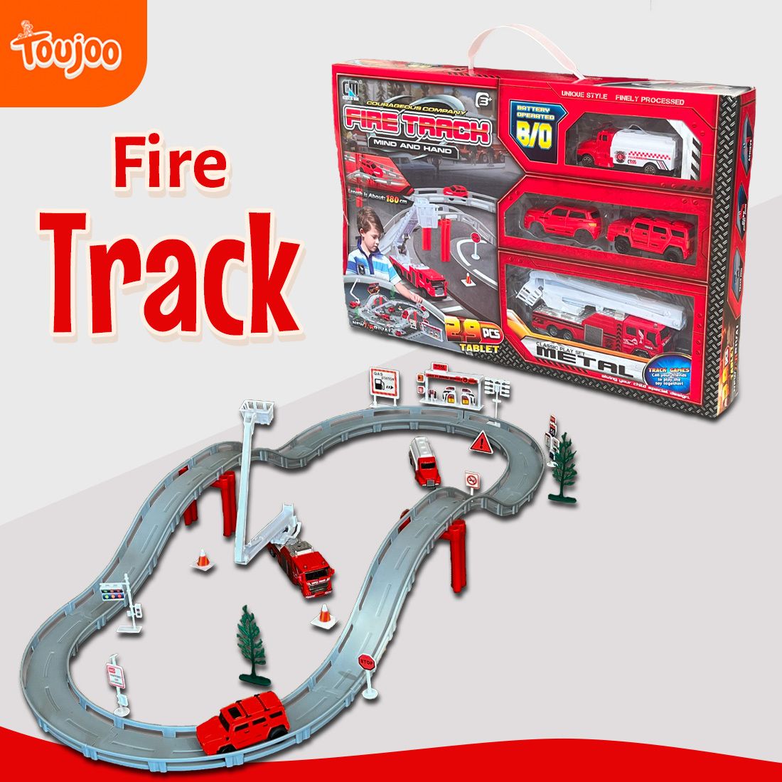 Fire Rescue Truck Toy Set for Kids Vehicle Play with Road Track, Signs & Tools-image-7