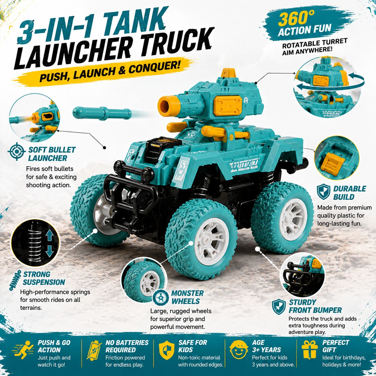 Tank Launcher Monster Truck Toy| Bullet Shooting| 360°Stunt-Push & Go| Kids Toys-image-2