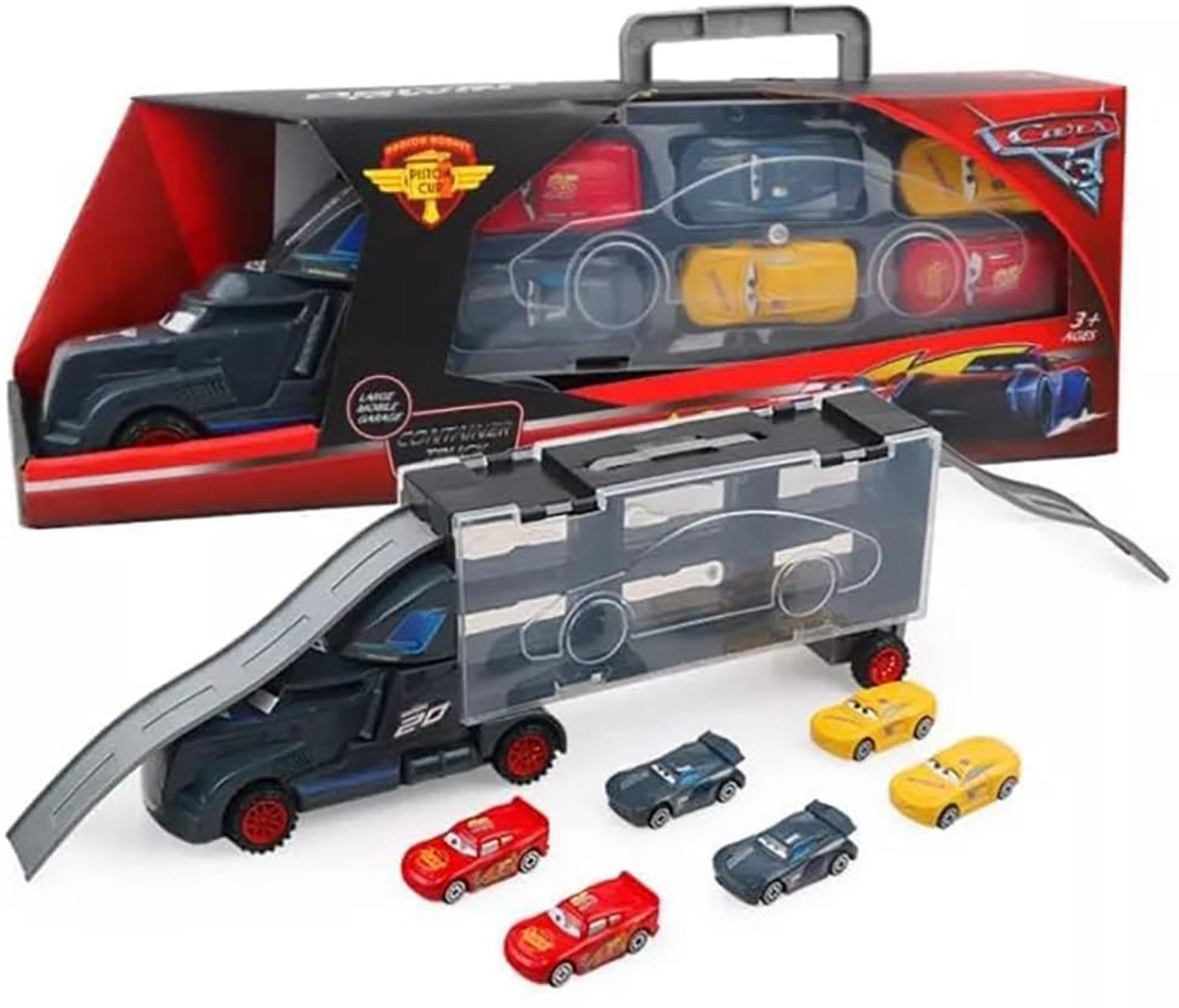 Container Truck Ramp Transporter Storage Parking Truck with 6 Metal Car