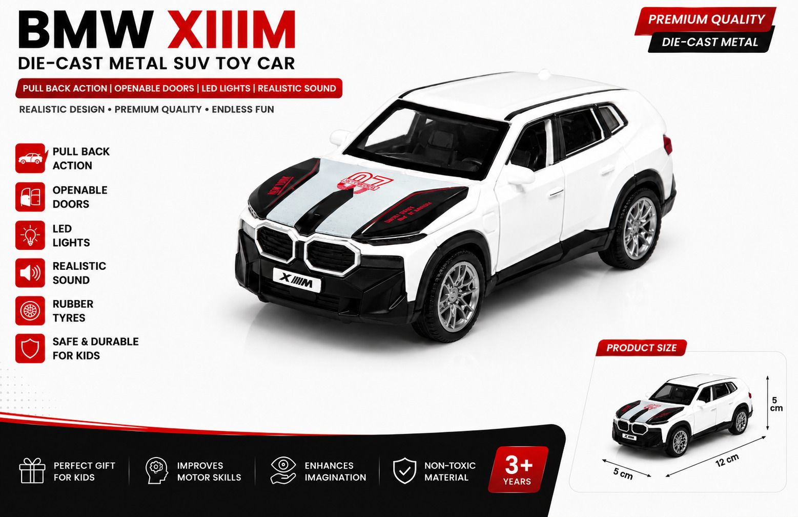 BMW XIIIM Die Cast Metal Pull Back Toy Car with LED Light & Sound Openable Doors-image-16