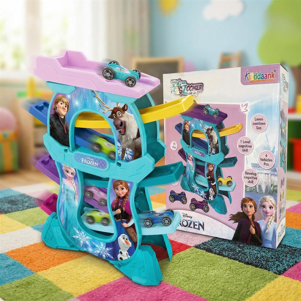 kriiddaank Zig Zag Zoomer Frozen 15-Piece Ramp Racer Car Set with 4 Vehicles-picture-0