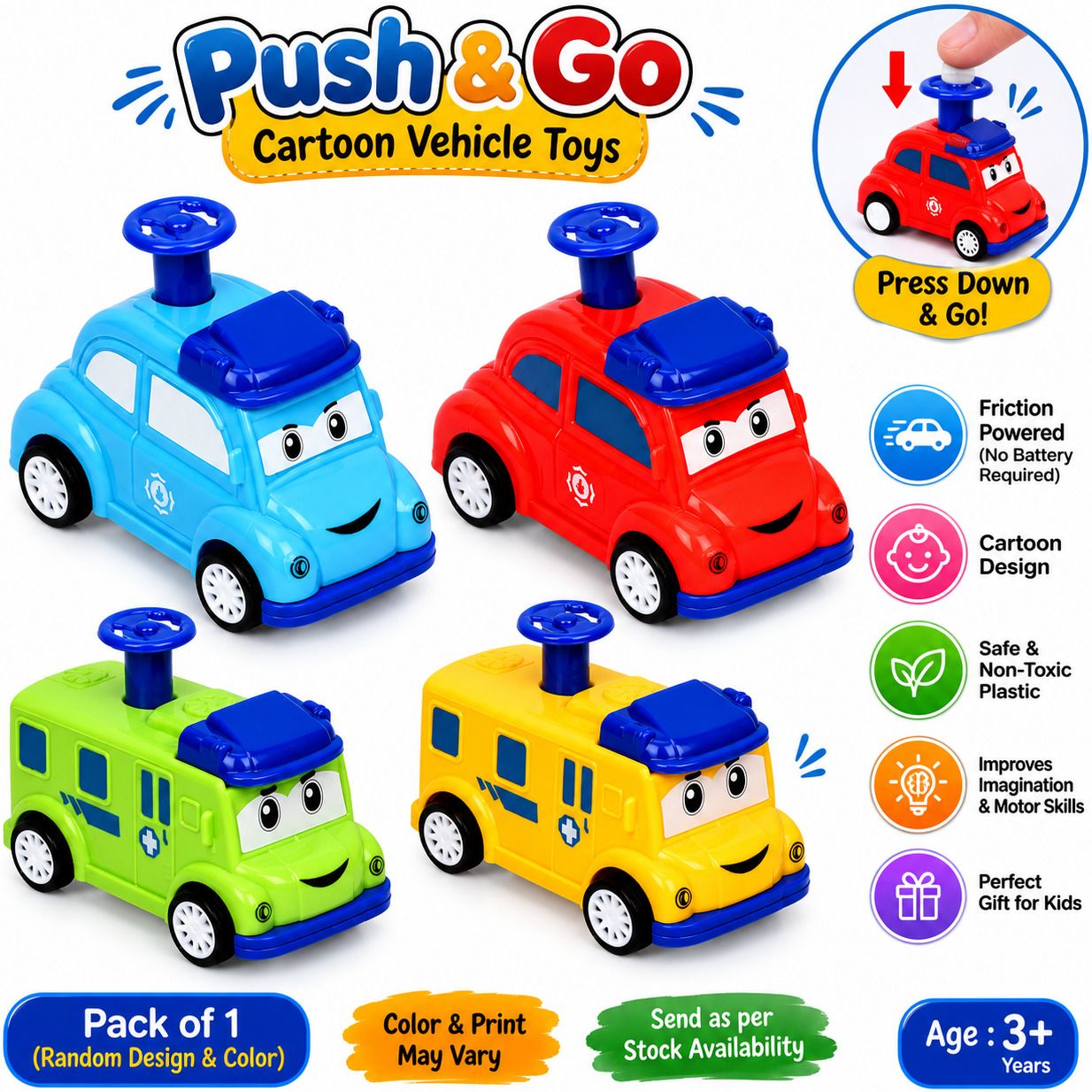 bafli Push & Go Press Down Cartoon Vehicle Toys Pack of 4-picture-38