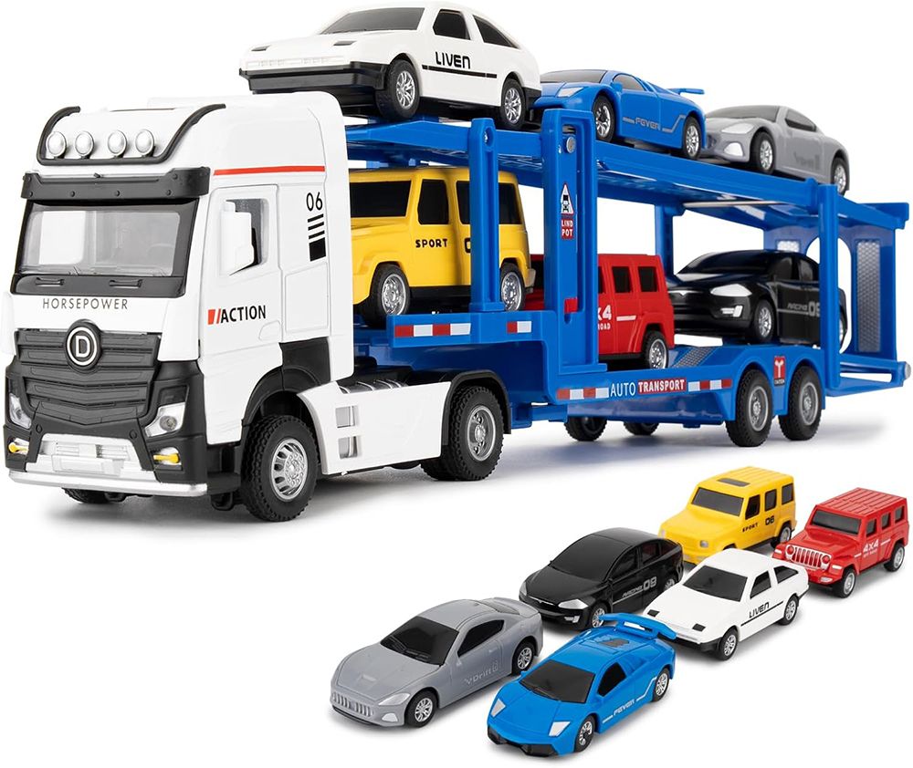 darvice Transporter Truck Car Carrier Truck Toy with Sounds Lights Pull Back Trailer-picture-30