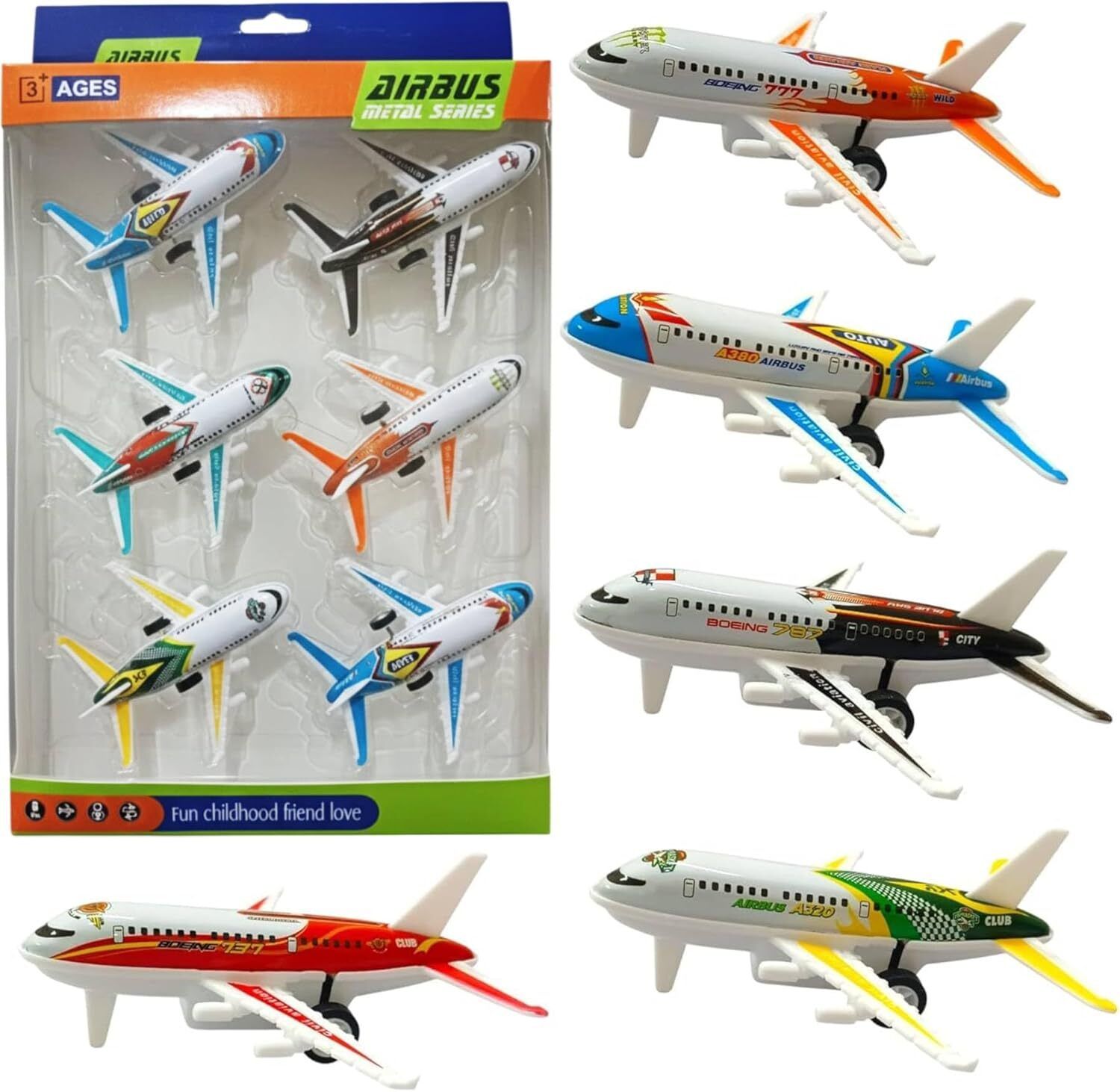 Airbus Metal Series Die-Cast Pull Back Toy Aeroplane Set - Pack of 6,