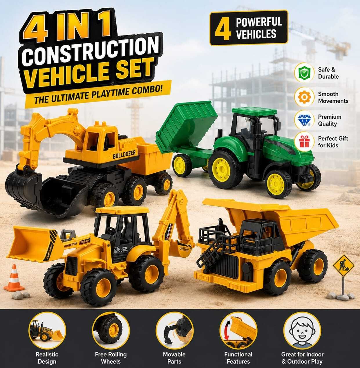 JCB Toy, Truck, Tractor Trolley set & Bulldozer Safe & Durable Toys Gift for Kid-image-29