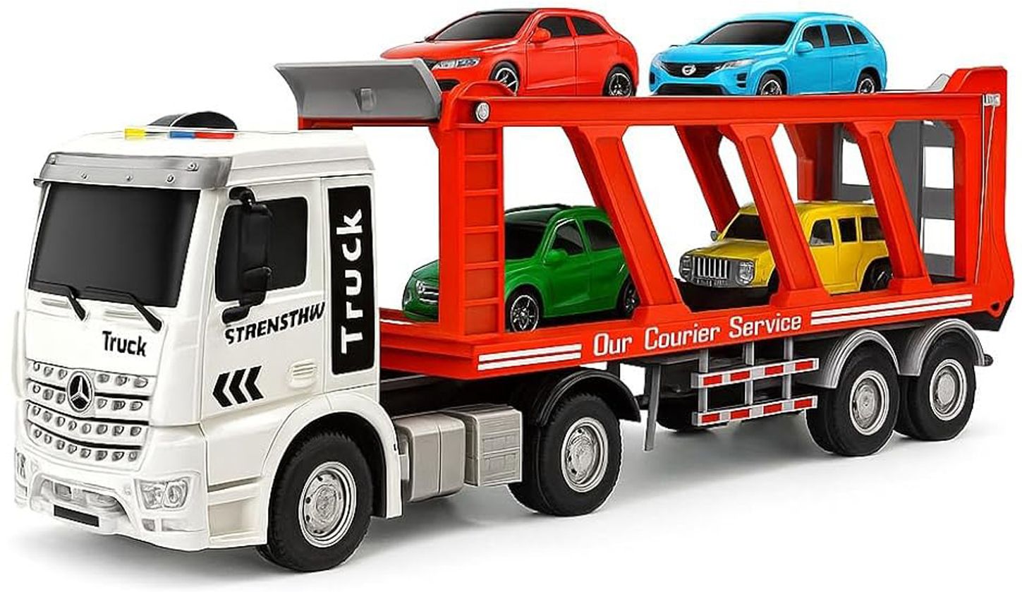 5-in-1 Truck Toy Carrier with Sounds＆Lights, PullBack Transporter Truck Trailer