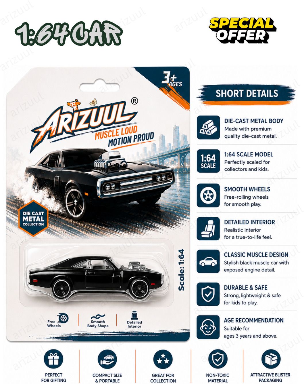 arizuul dodge challenger ff7 toy car premium racing muscle model 1:64 scale pack of 1-picture-24