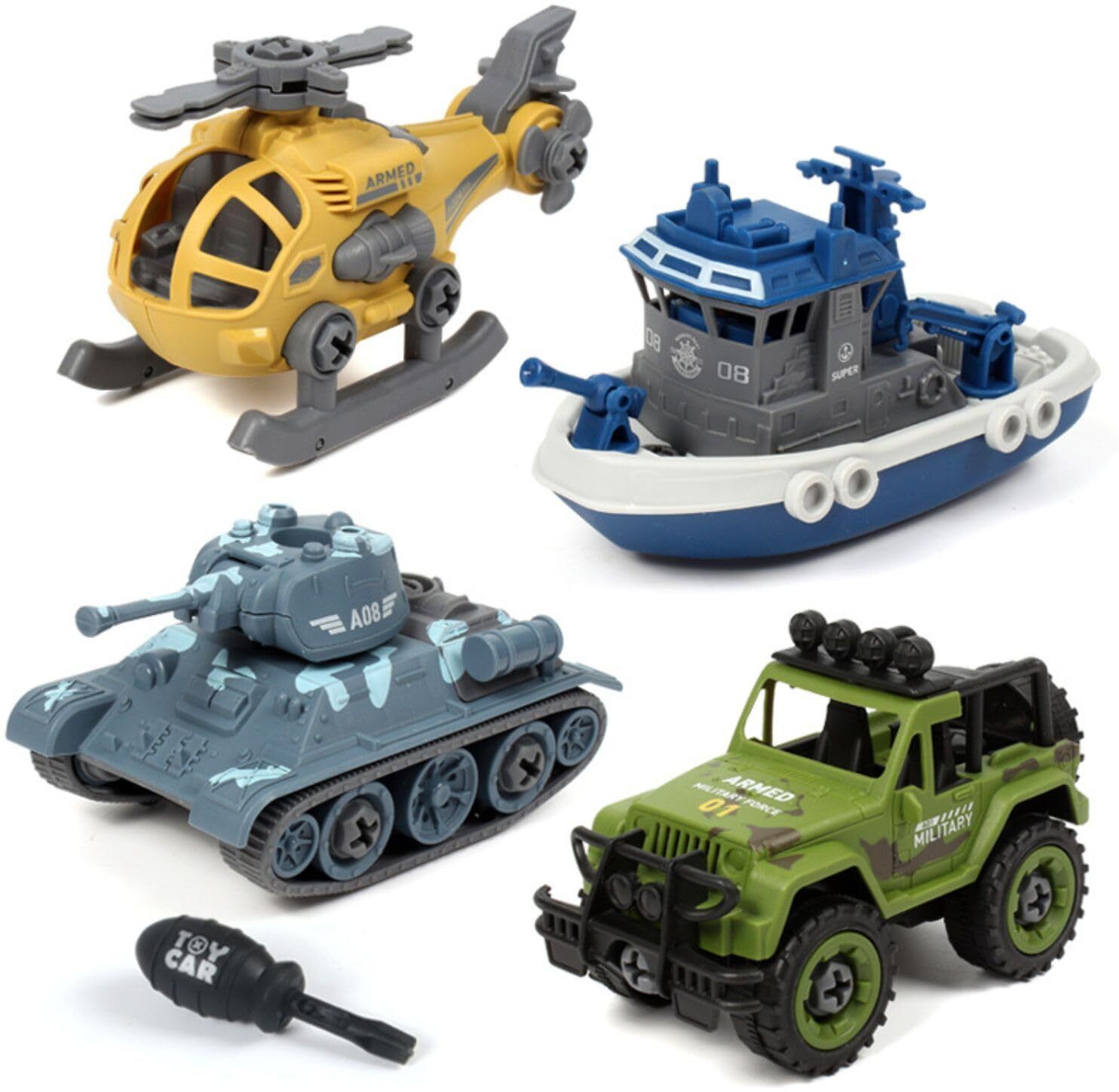 Military Army Building Blocks Toy Set, 4 DIY Vehicle Model with Screwdriver, Model Building Kit-image-2