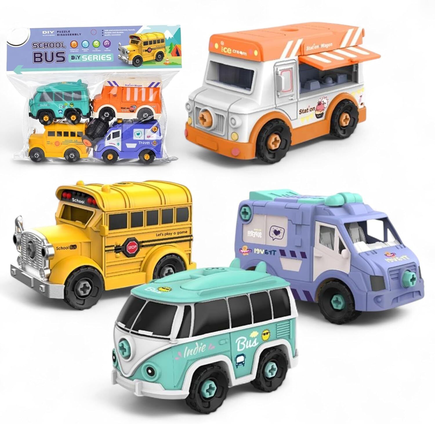 va mart DIY Take Apart Toy Vehicles Set for Kids - 4 Pack School Bus, Ice Cream Truck-picture-17