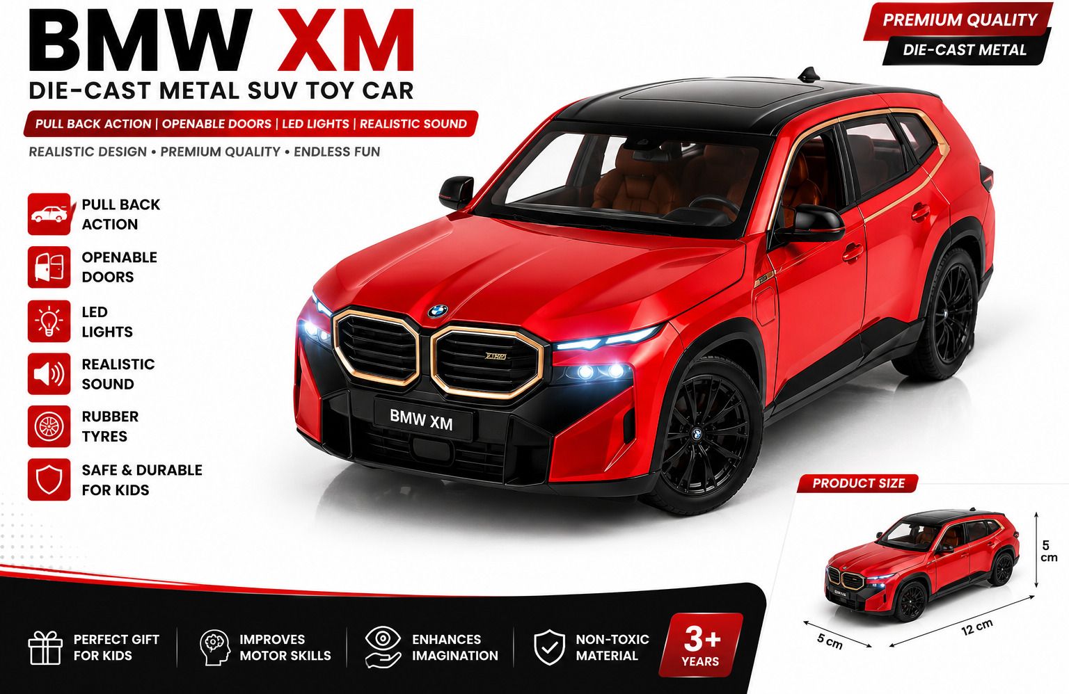 BMW XM Die Cast Metal Toy Car Pull Back with Openable Doors (Red)-image-19
