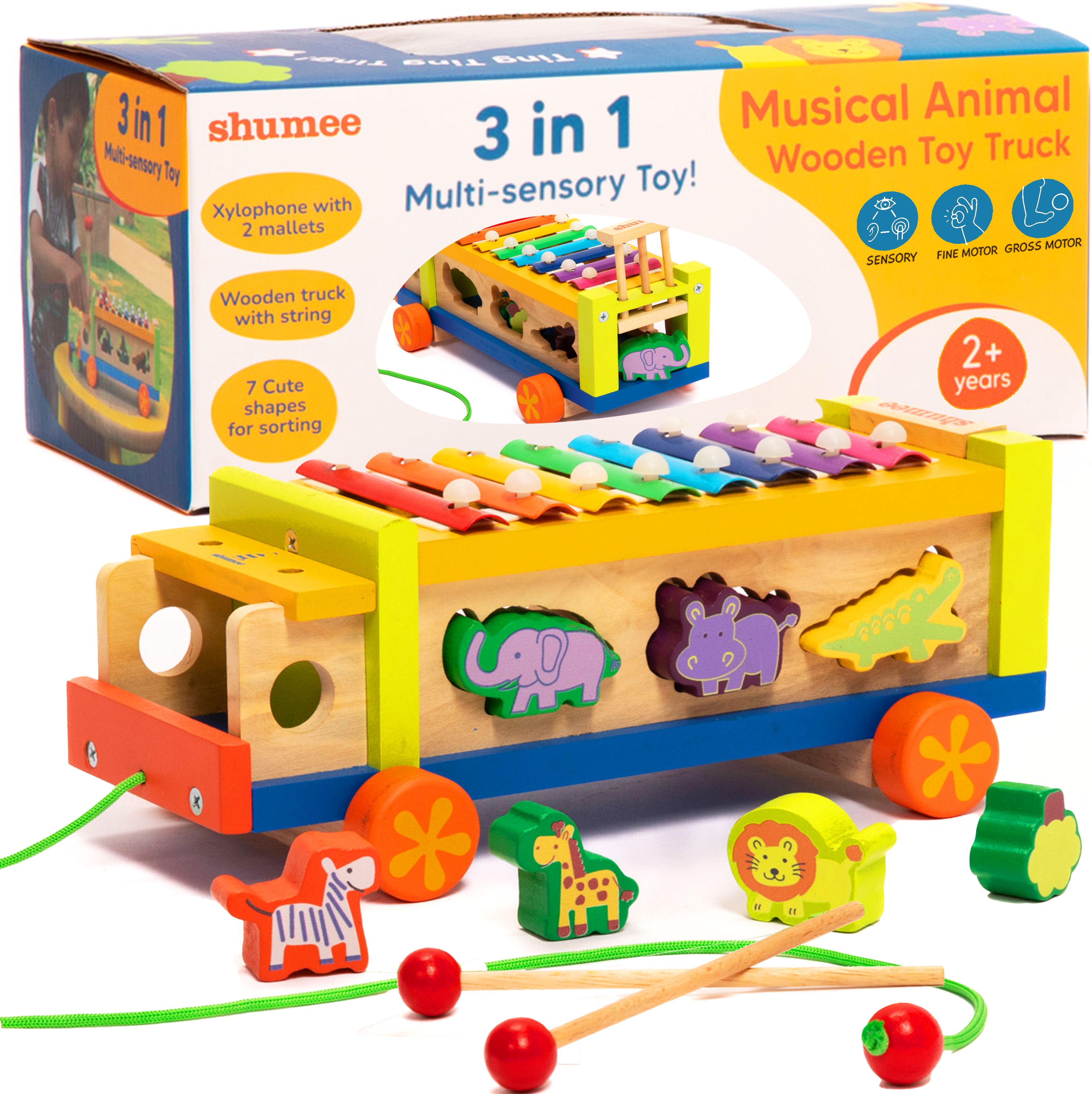 shumee 3-in-1 Pull-Along Musical Truck Wooden Toy with Xylophone & Shape Sorter-picture-10