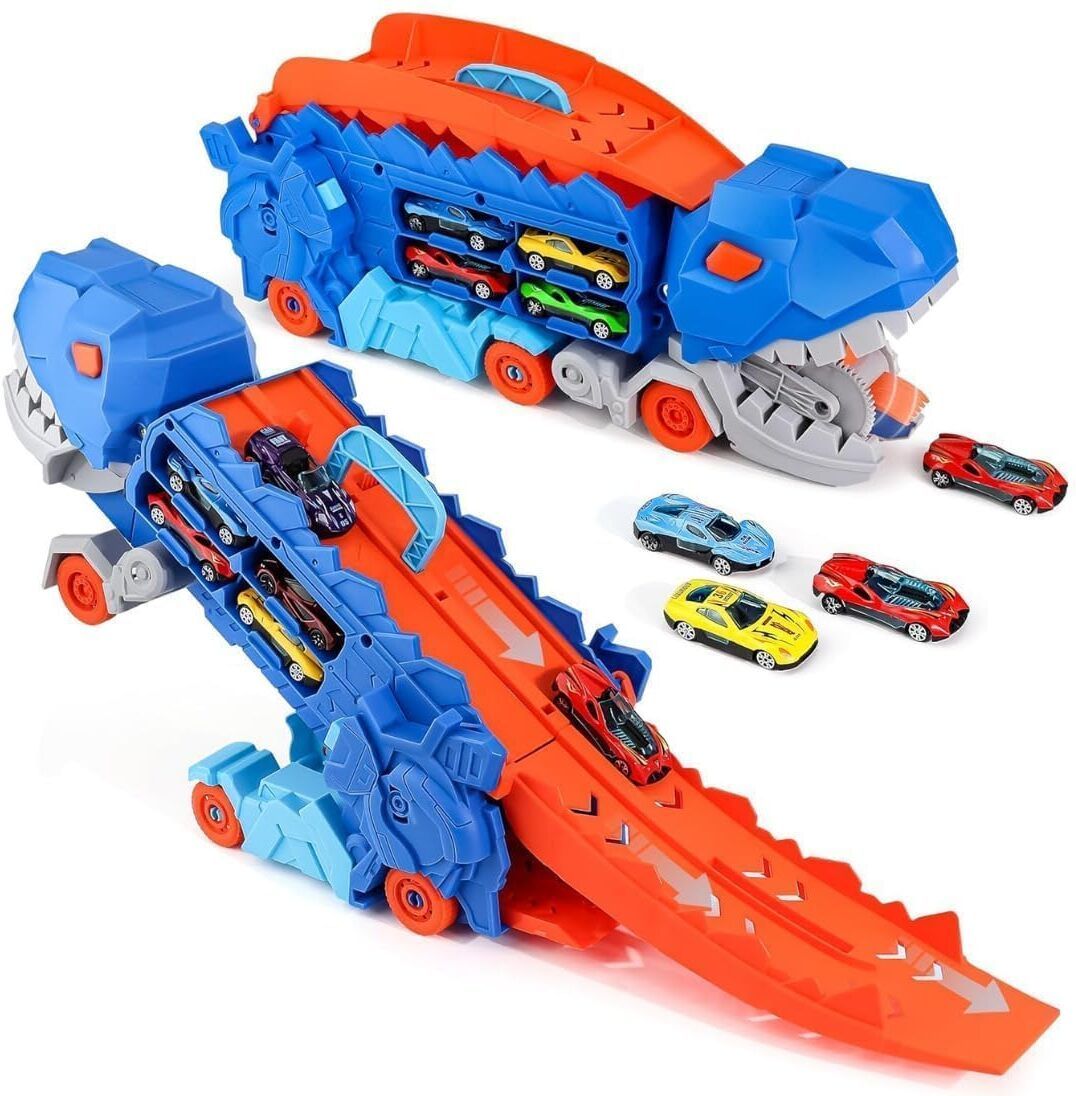 Dinosaur Track Transport Truck with 2 Diecast Cars Toy for Boys and Girls-image-43