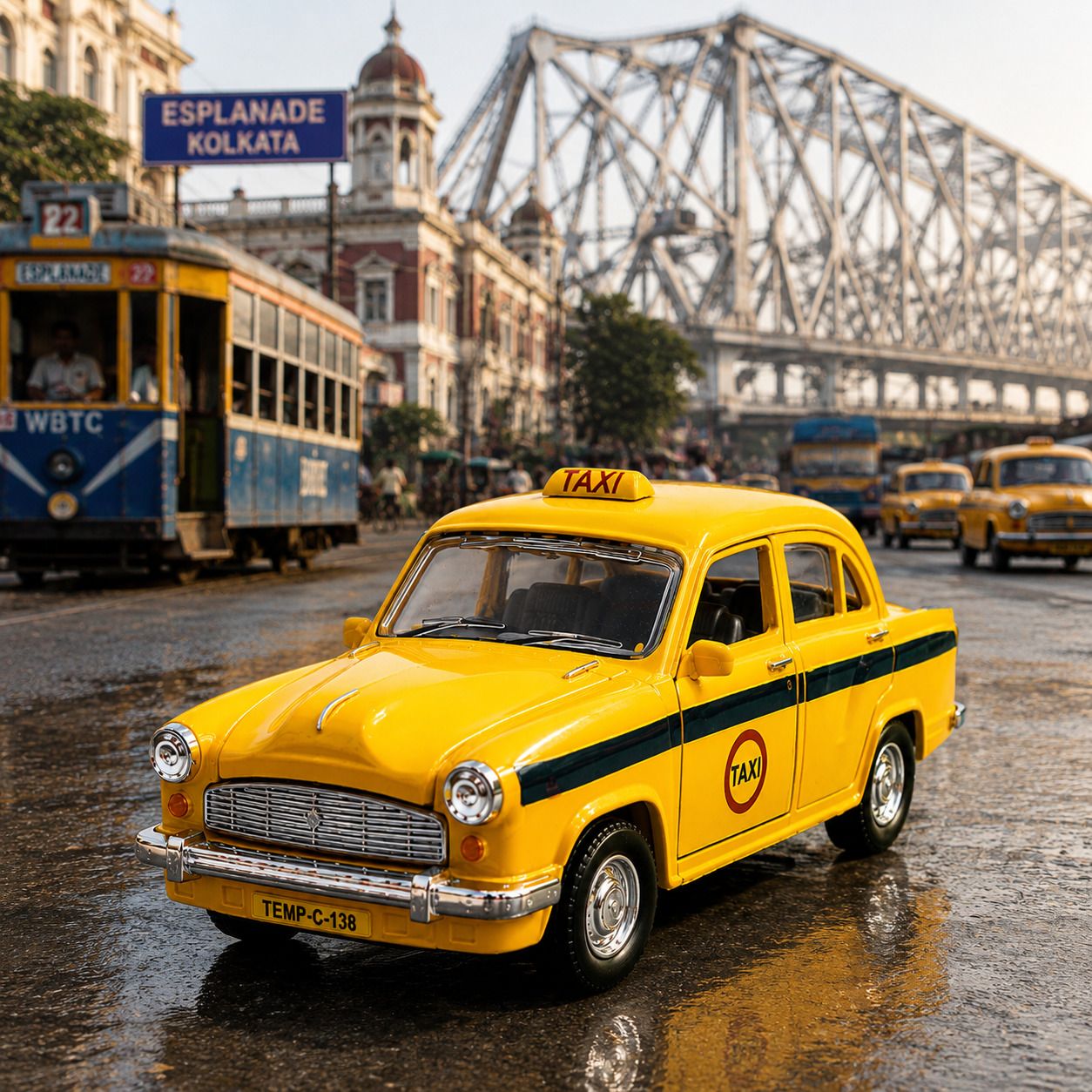 toyrentto Vintage Kolkata Yellow Taxi Toy Car 1:36 Scale Pull Back with Doors for Kids-picture-20