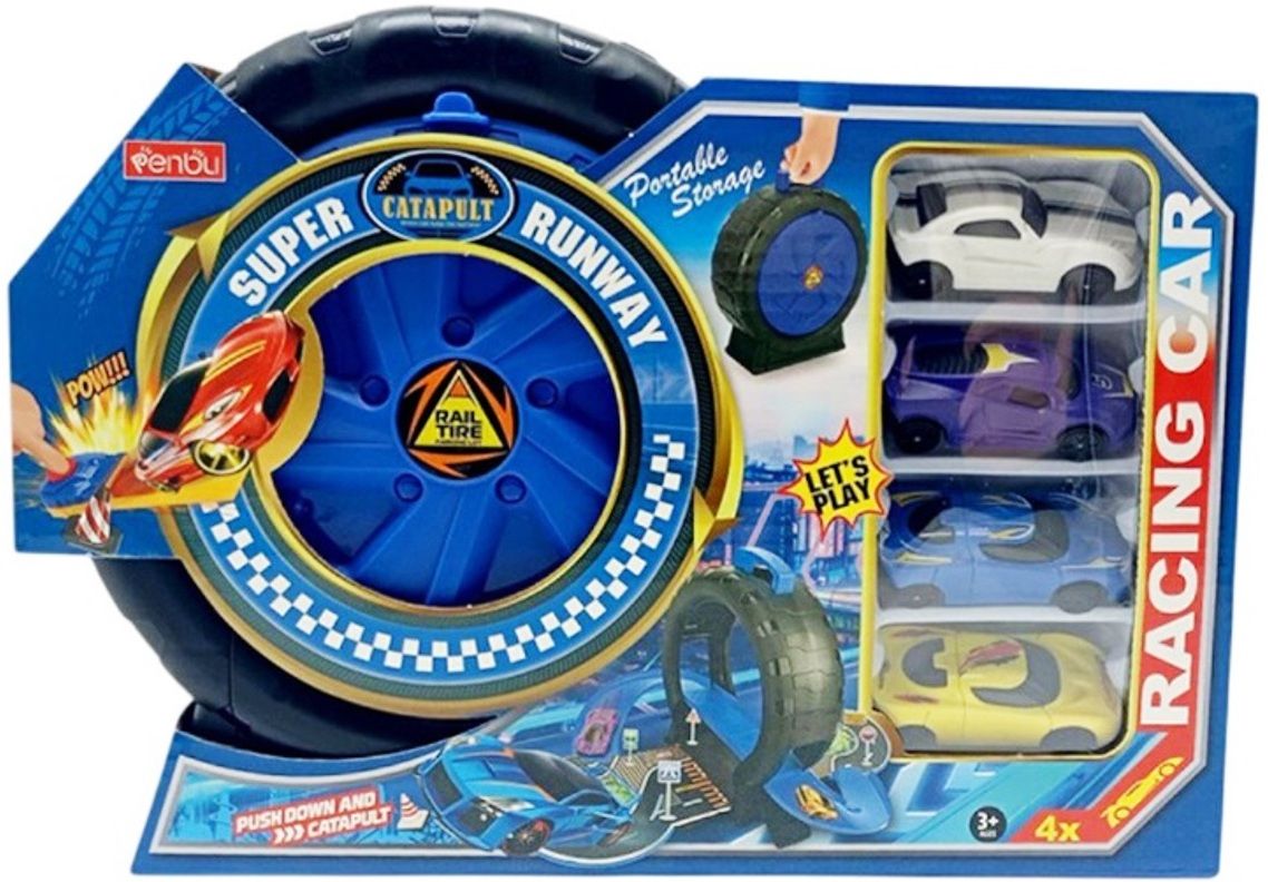 Kids Catapult Super Racing Runway Track Toy Set With 4 Mini Cars Play Set Game-image-36