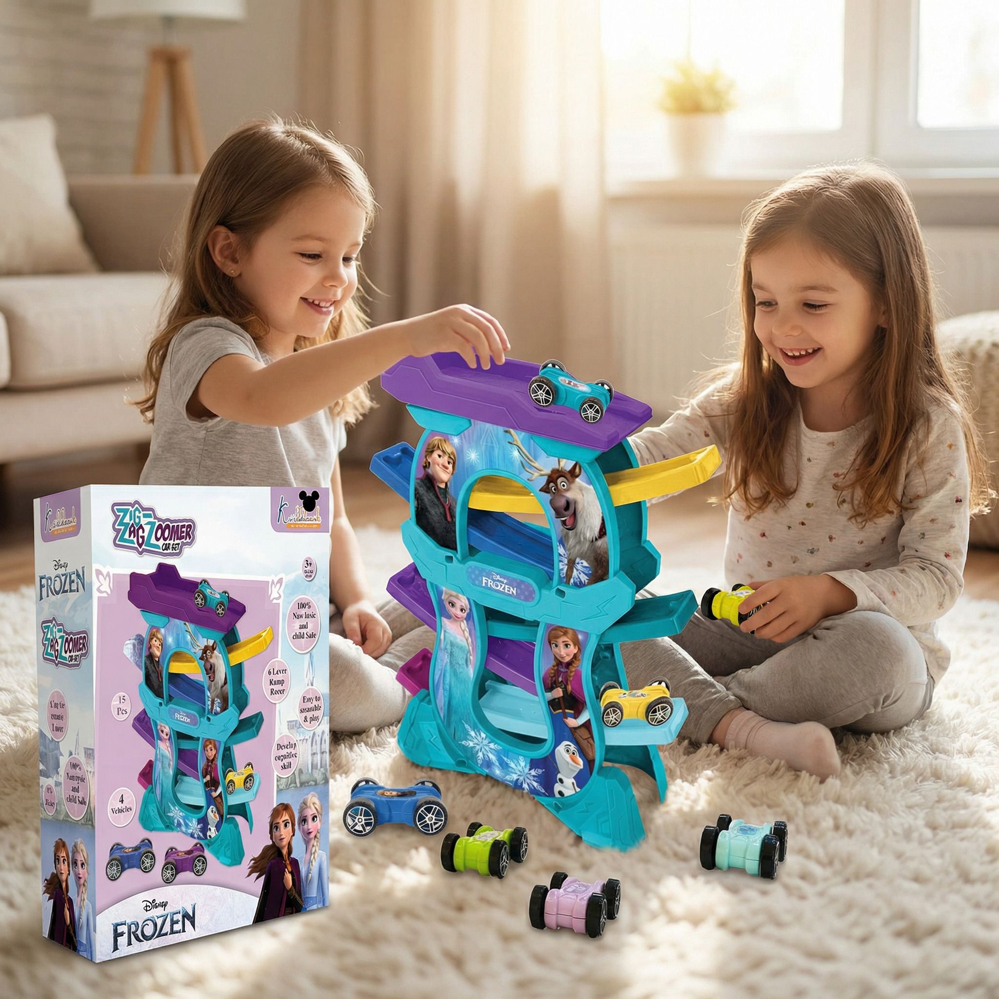 Frozen Zig Zag Zoomer 6-Level Lever Race Track with 4 Mini Vehicles-image-31