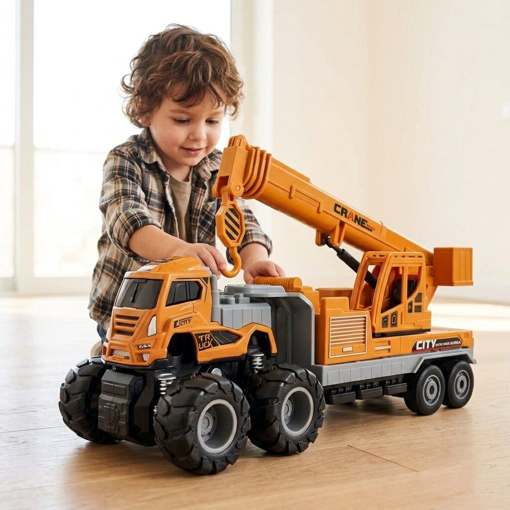 Big Wheels Heavy Duty Toy Crane Truck with Construction Excavator Toy for Kids-image-0