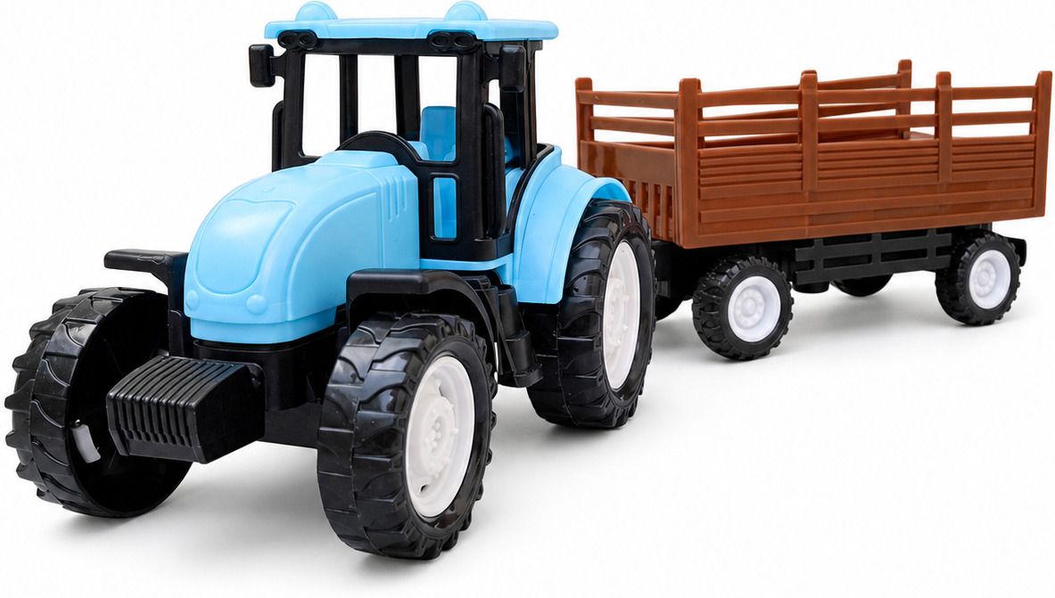 Medium size friction powered plastic tractor toy with trailer wagon behind-image-45
