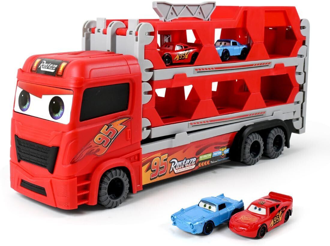 Big Hauler Transport Truck Toy for Kids with 2 Race Tracks & 2 Pcs Die-Cast Cars