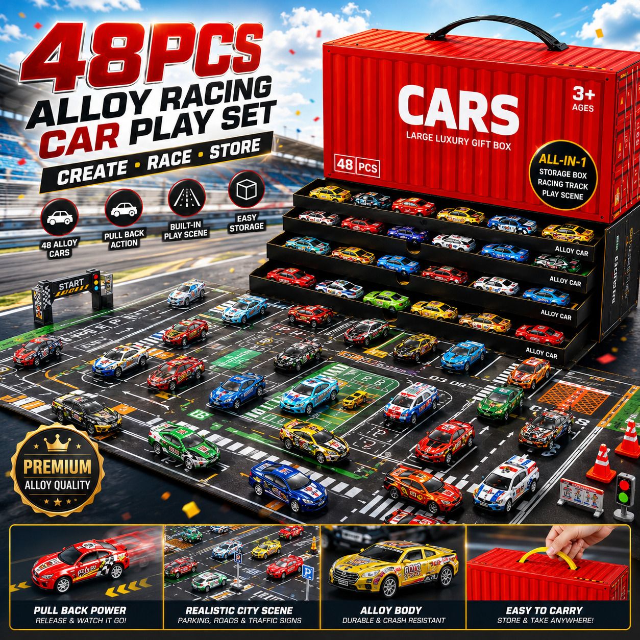 pranzo 48 Pcs Mini Alloy Die Cast Pull Back Toy Cars Set with Storage Container Box-picture-18