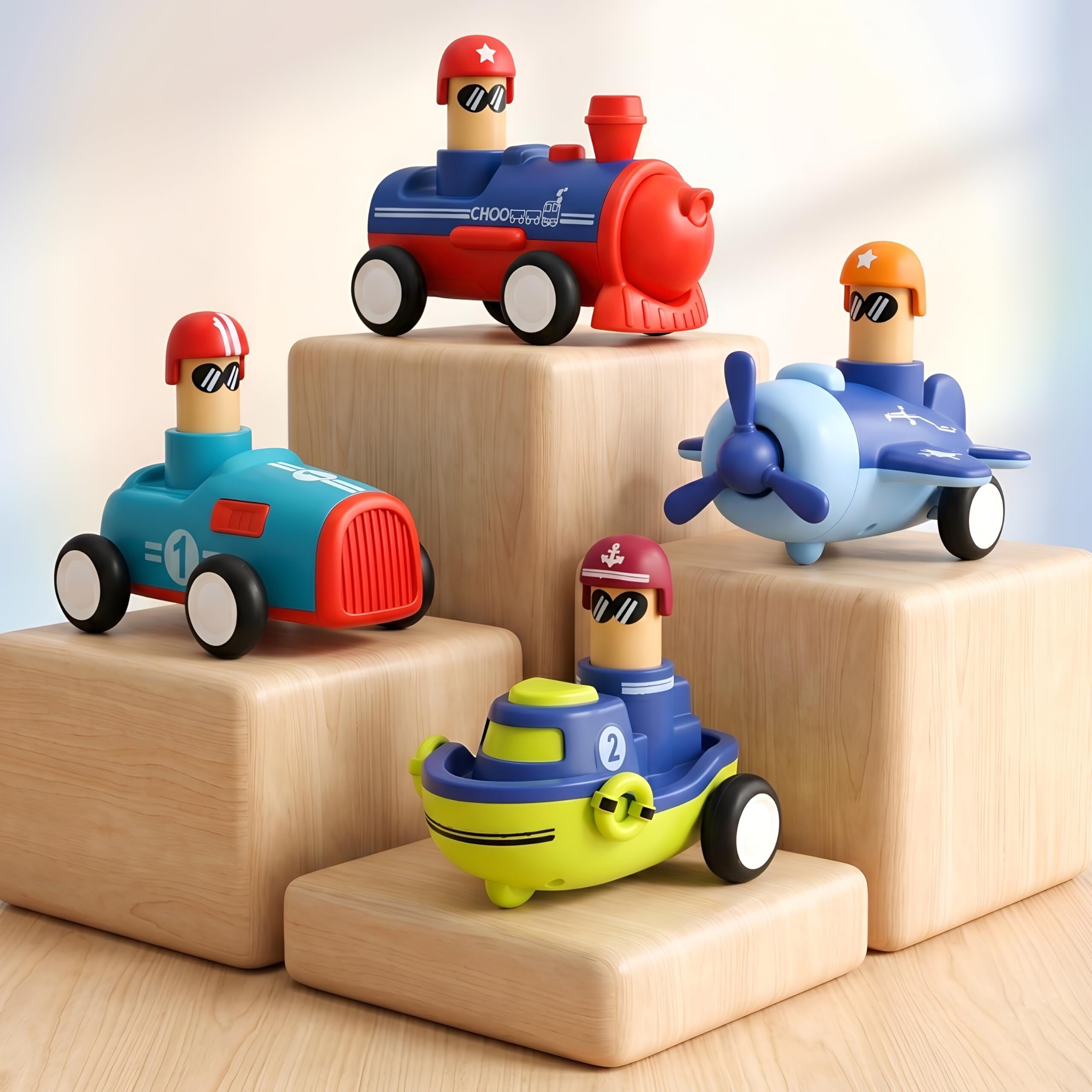 kidsmate Push & Go Vehicle Toy Set for Kids,4 Friction Powered Car,Train,Aeroplane & Boat-picture-10