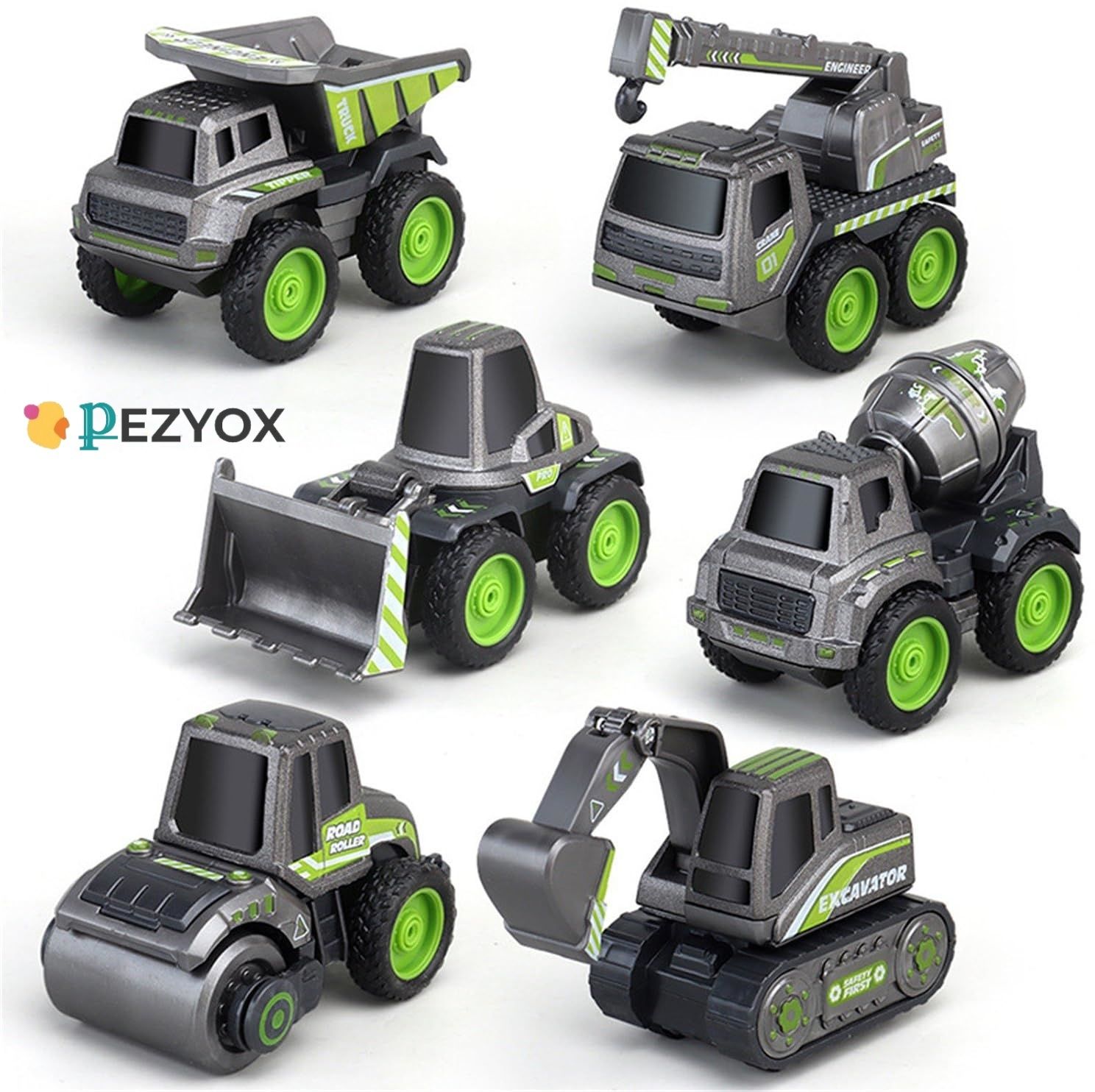 pezyox Set of 6 Toys Construction Vehicle for Children Crane Road Roller for kids-picture-11