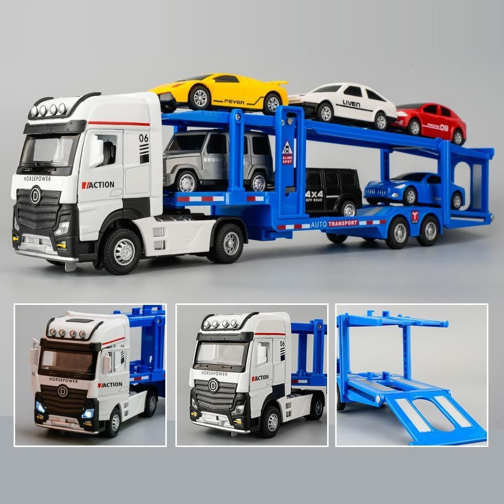 Car Truck Toy 7-in-1 Transport Diecast Truck with Sounds Lights Pull Back