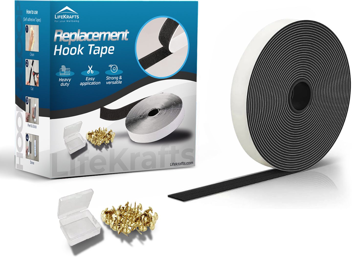 Nylon Self Adhesive Hook Tape Roll & Thumbnails with Strong Glue for Magnetic Door Net & Window Net Replacement Accessory (Black, 20mm width x 6 meters/20 ft/240 inches length) Stick-on Velcro