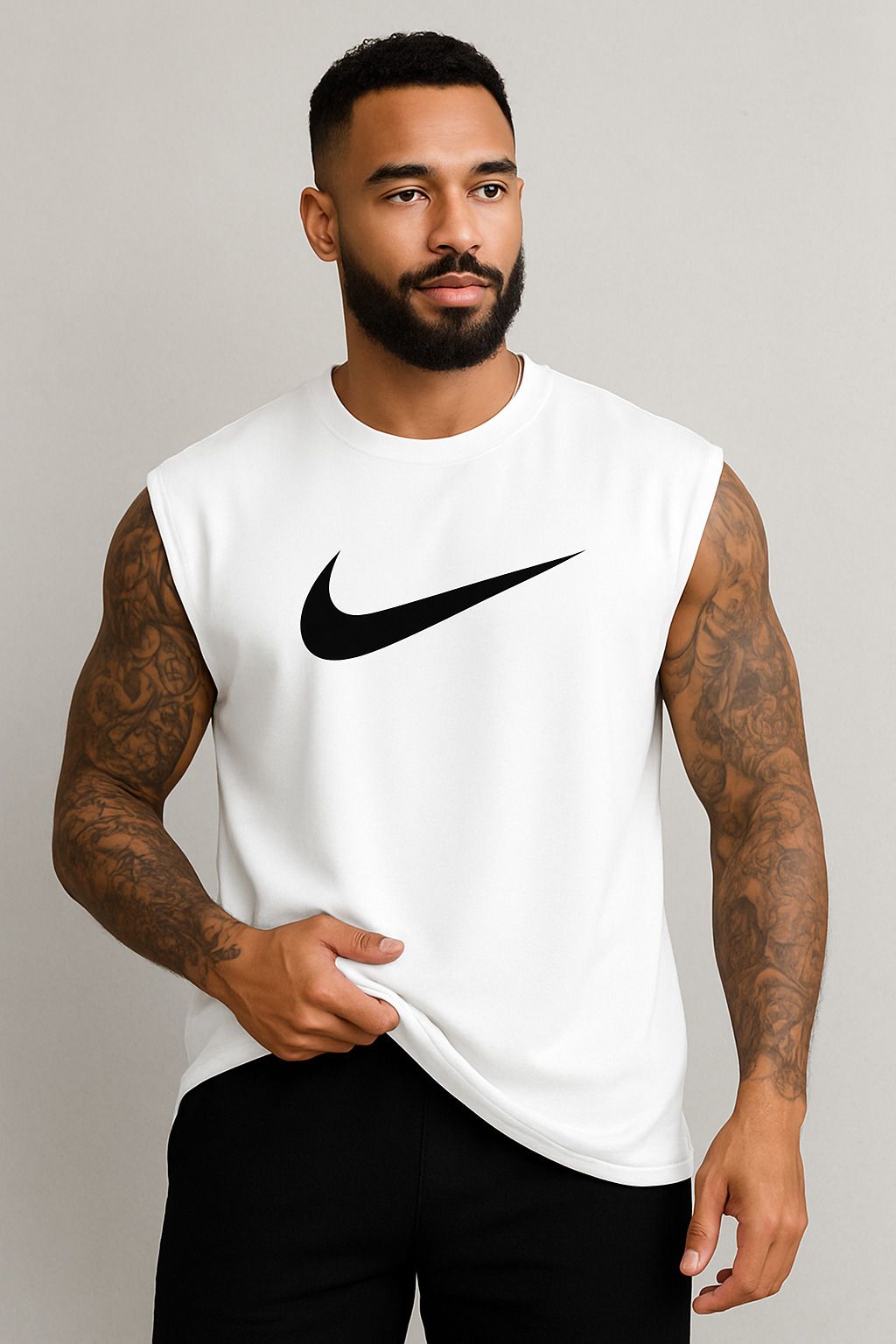 Gatiman Classic White Sleeveless Gym Vest – Bold Black Swoosh Print | Muscle Fit Men Vest