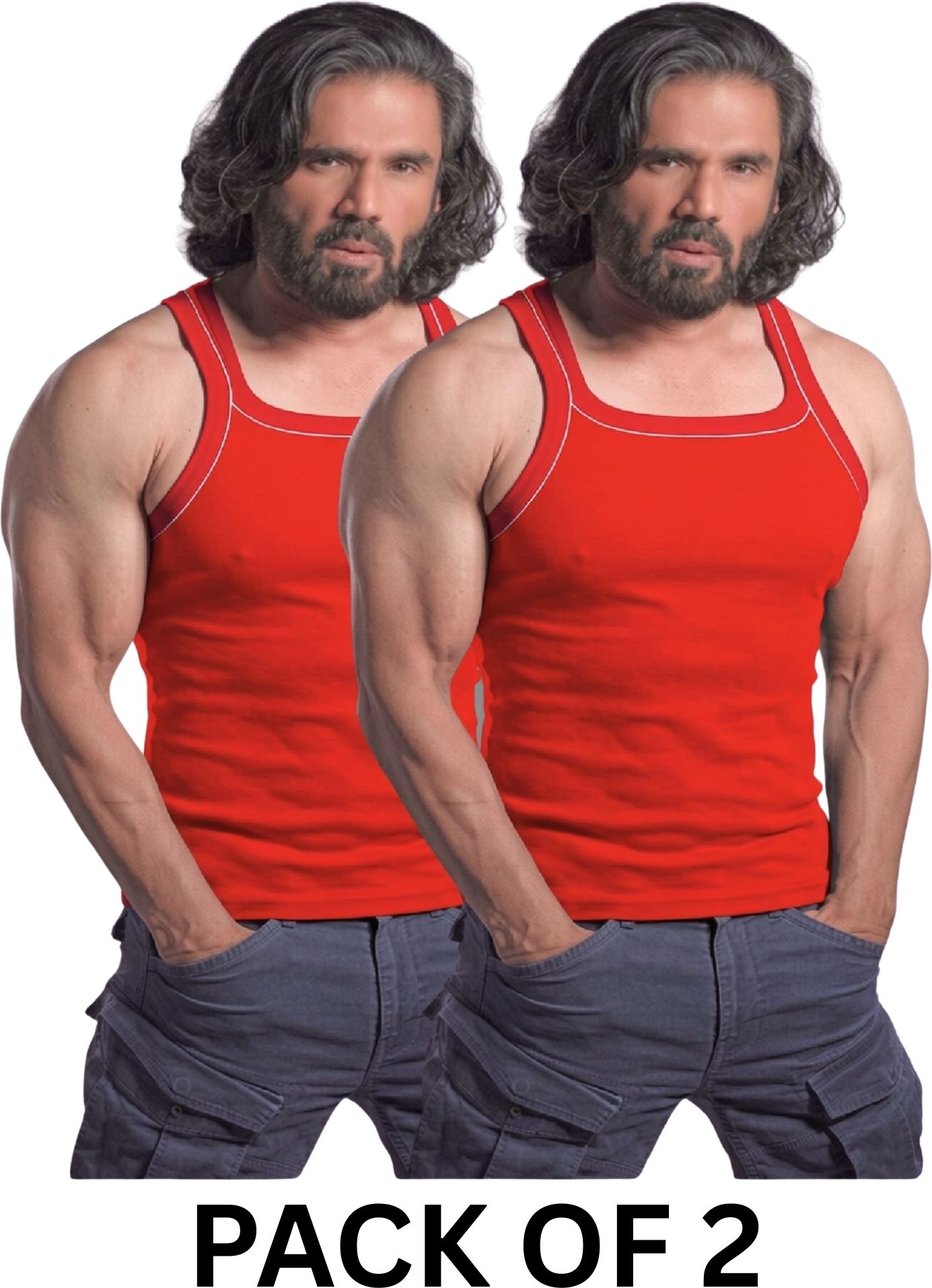 Pack of 2 Premium Men's Cotton Vest Red Size 95 Men Vest-image-2