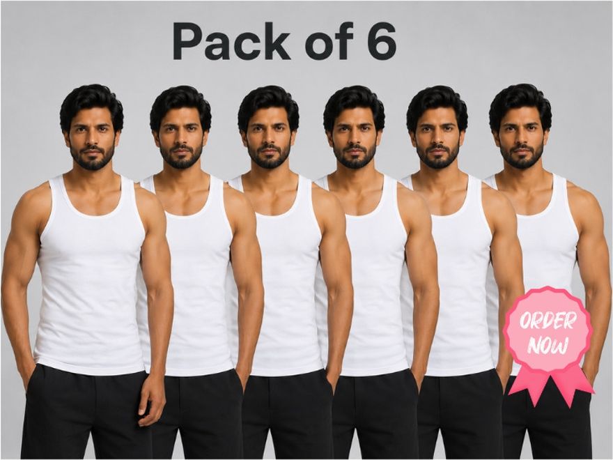 poonam Pack of 6 Classic White Vest P6 Men Vest-picture-12