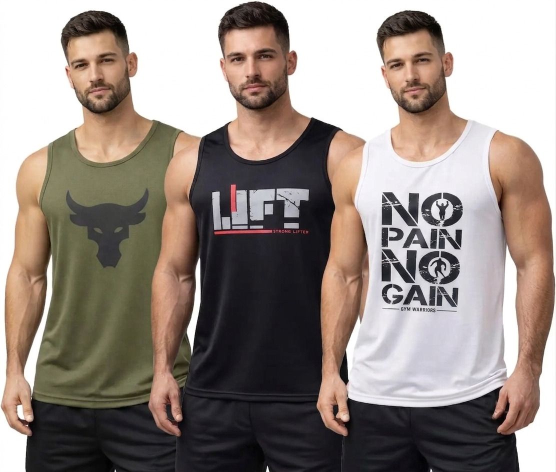 Pack of 3 Men Solid Sleeveless Sports Vest | Quick Dry Gym & Workout Tank Top Men Vest-image-27