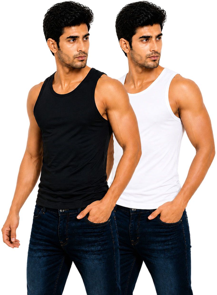 mukari Pack of 2 Men Round Neck Gym Vest Combo Pack Black White Regular Fit Men Vest-picture-23