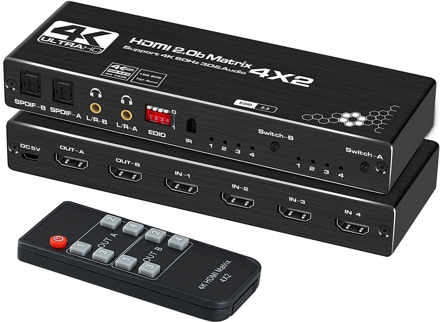 Tobo 4x2 HDMI Matrix Switch, HDMI 2.0b 4 in 2 Out HDMI Switcher TD-874H 45 inch Blu-ray Player-image-8