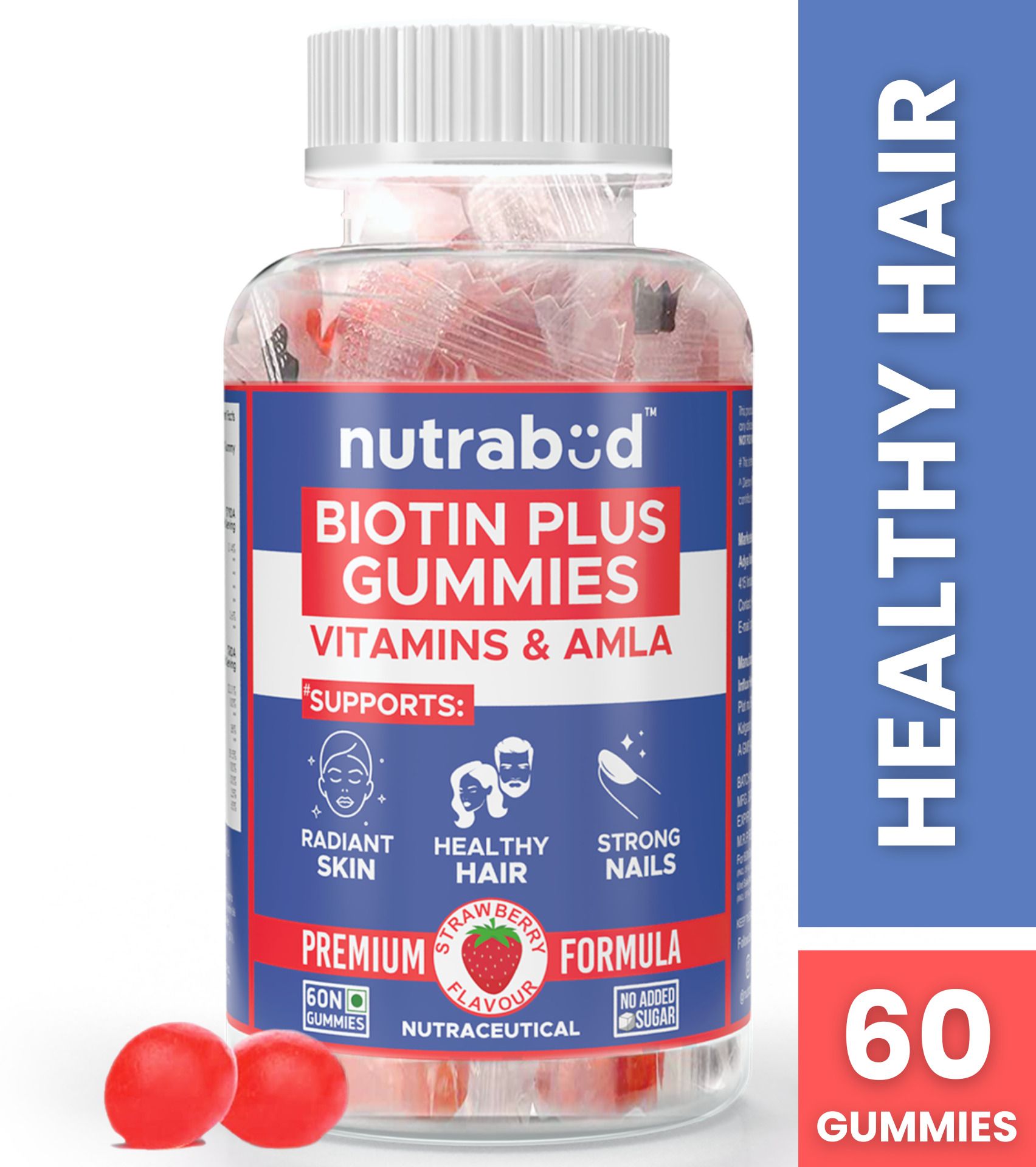 nutrabud Biotin Hair Gummies for Men & Women - No Added Sugar - Strawberry Flavour-picture-21