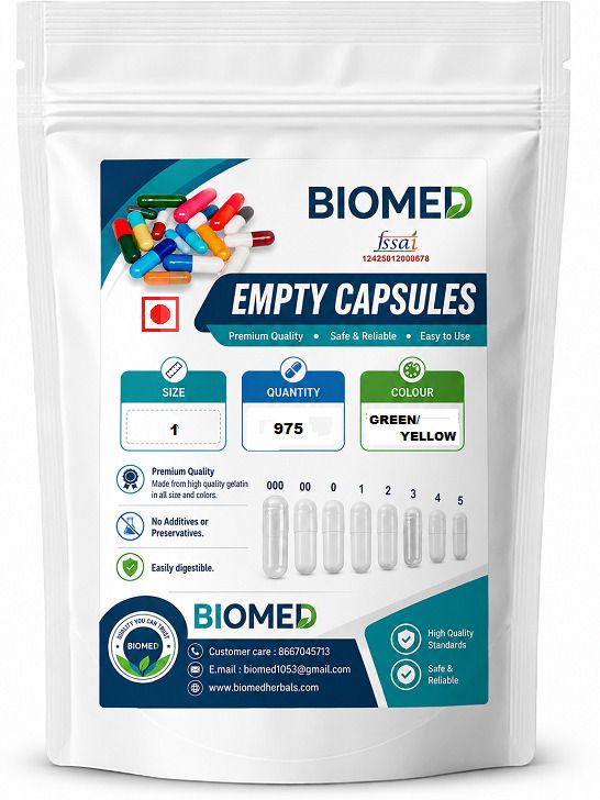biomed Empty Capsules Size 1 Green/Yellow Gelatin capsules 975 Cap (Pack of 1)-picture-21