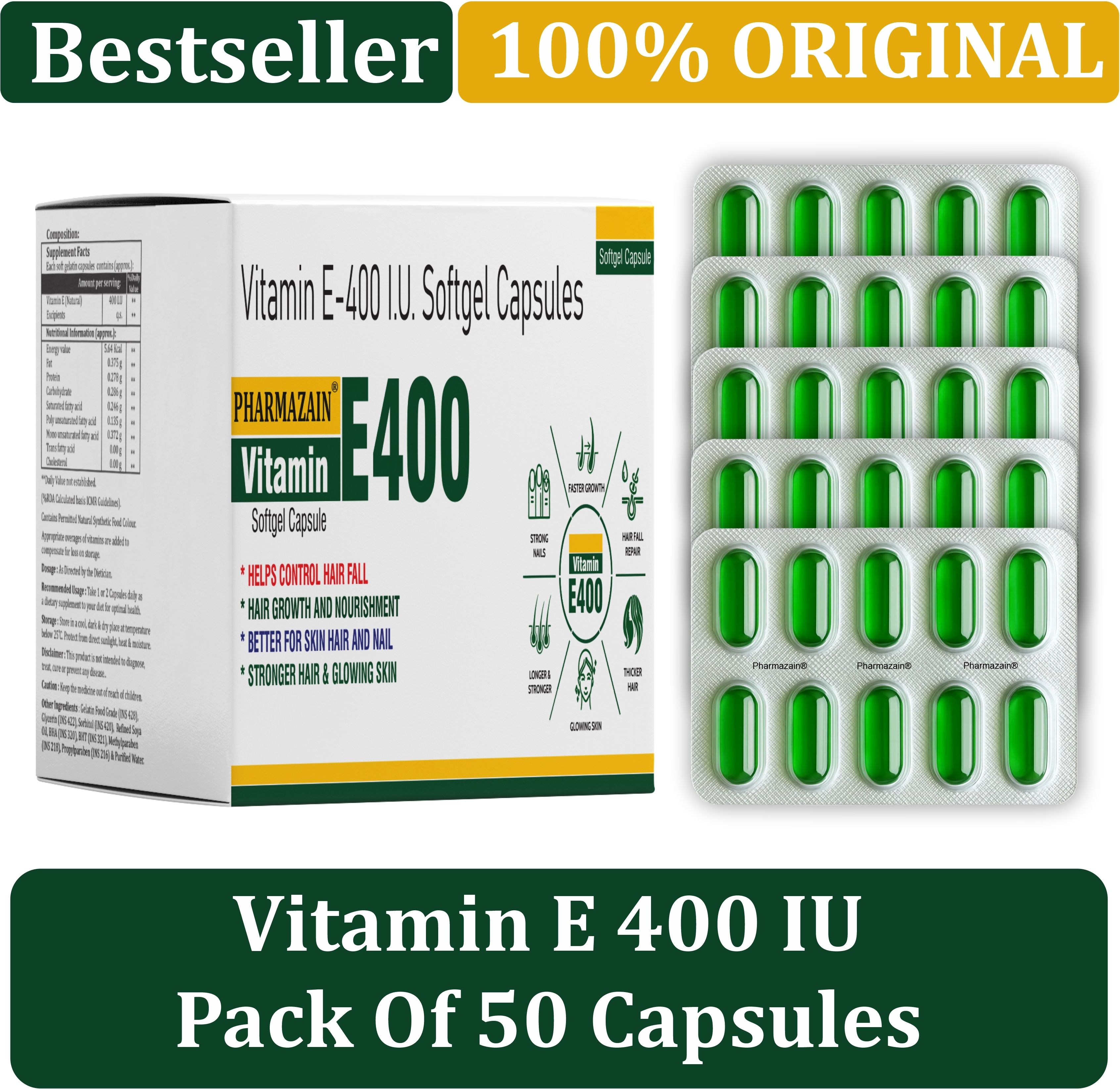 Vitamin E Capsule for Face and Hair | 100% Natural Vitamin E Capsule 50 Capsules