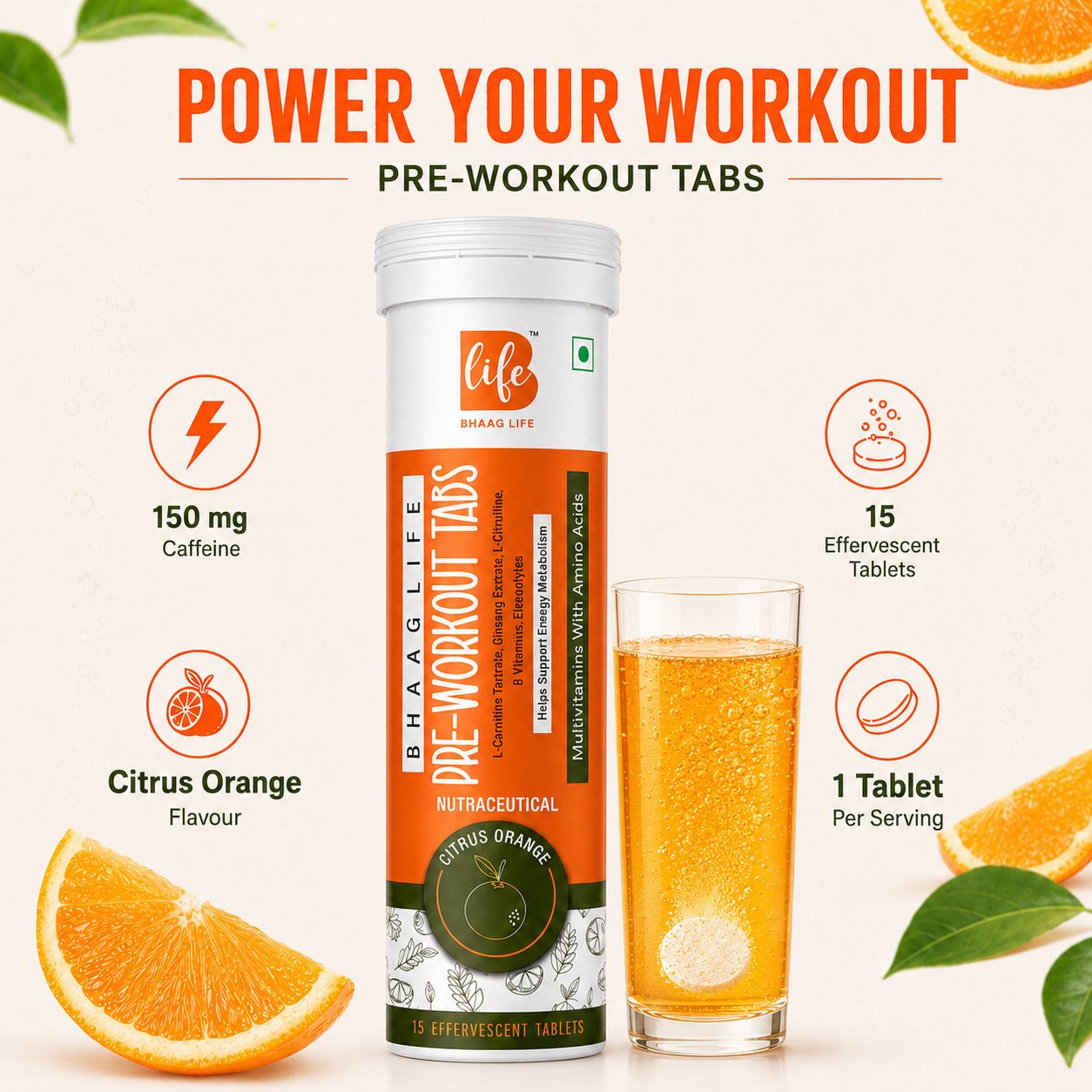 bhaag life Pre Workout Effervescent Tablets with L Carnitine Ginseng Taurine Citrus Orange-picture-22