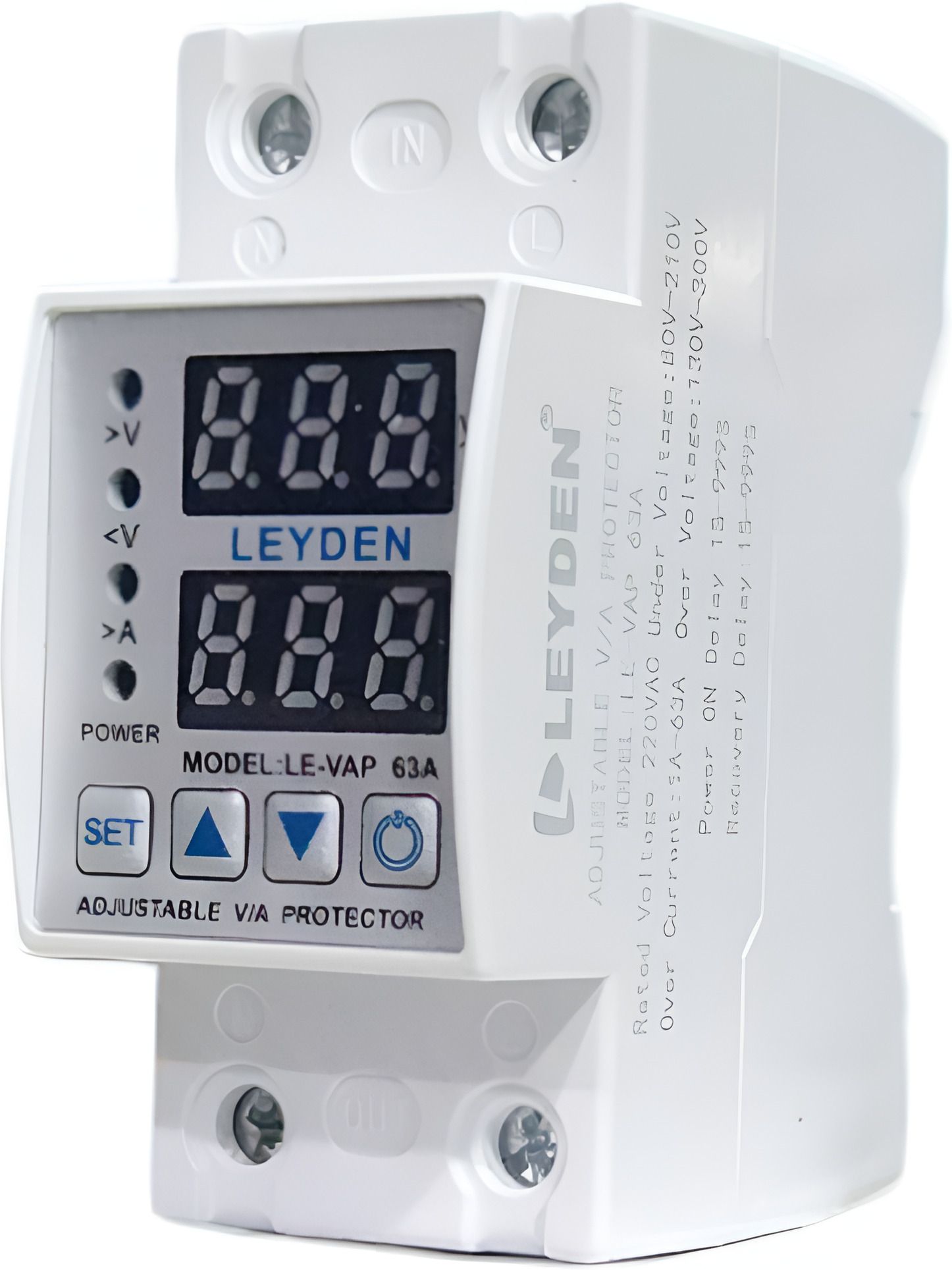 LE-VAP 63A, 220VAC, Adjustable Over/Under Voltage and Over Current Protector Auto Re-Connect 1-999 Seconds Delay, 18 Different Function, LED Display
