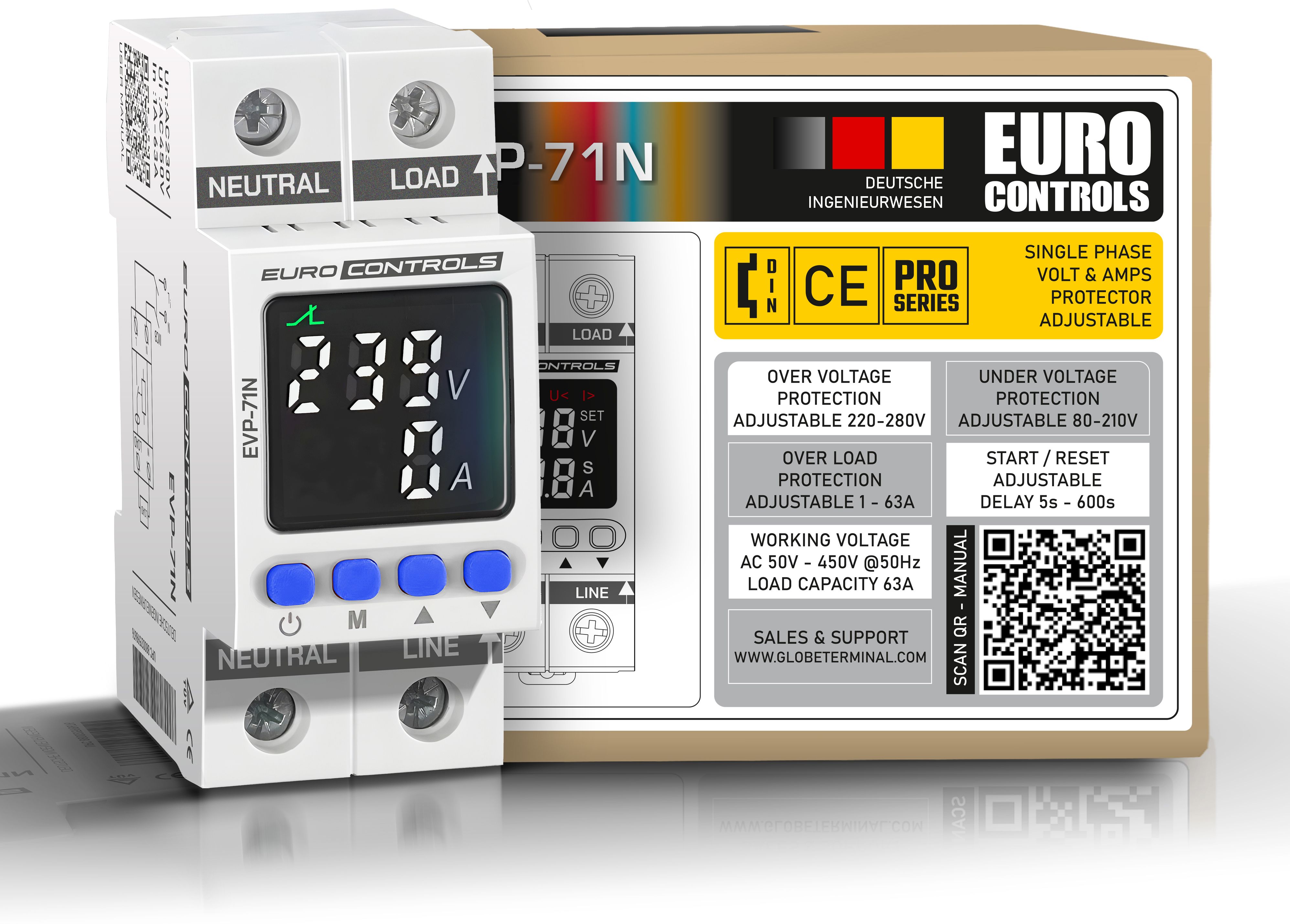 EVP71N 63A Single Phase Over - Under Voltage & Over Current Protector German Excellence Automatic trip & Recovery - On delay - Parameters Adjustable