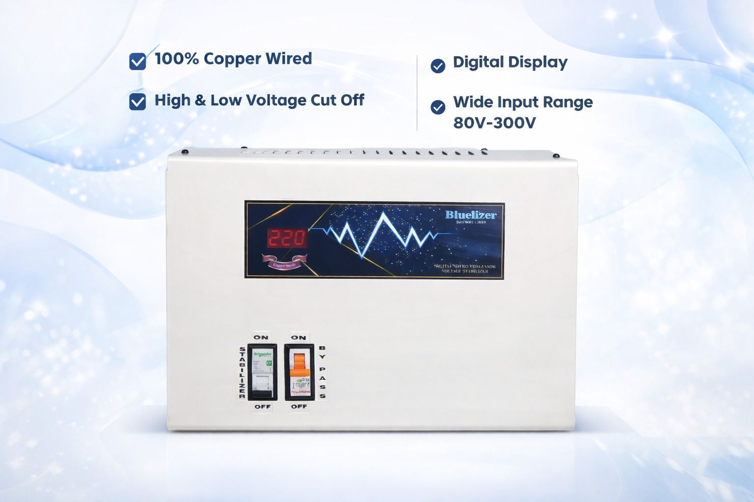 bluelizer 5KVA (80- 300) V MAINLINE STABILIZER FOR HOME COPPER WIRED COPPER WIRED|HIGH/LOW CUT OFF|AMPERE METRE|LEGENDARY SERIES|-picture-11