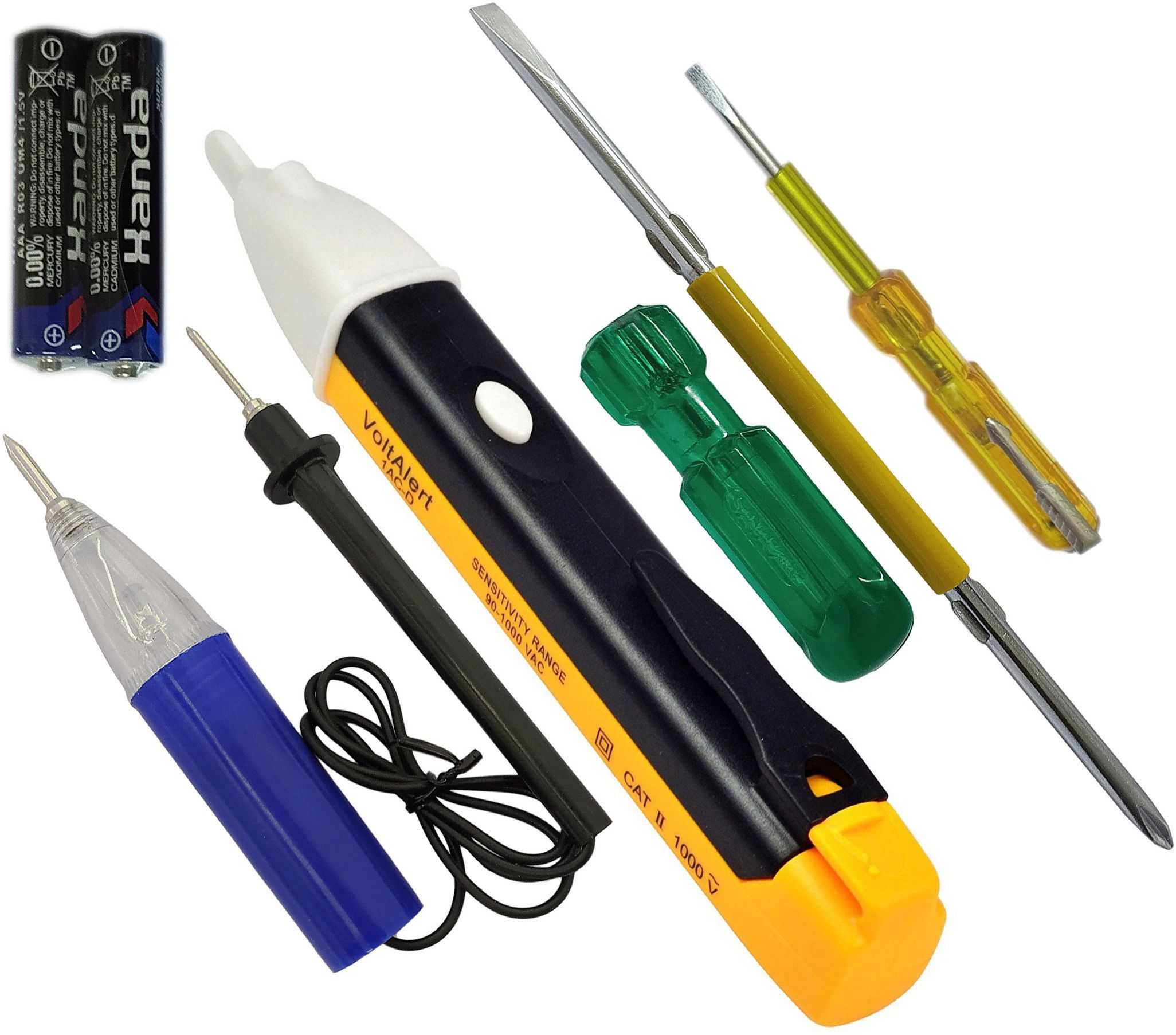 Heavy Four type Electric Tester 1pc Voltage Alert Volt Alert 1AC-D 90-1000VAC 1pc 2i1 Screwdriver 1pc Continuity wire tester and 1pc 2in1 Electric Tester (Pack of 4) Analog Voltage Tester