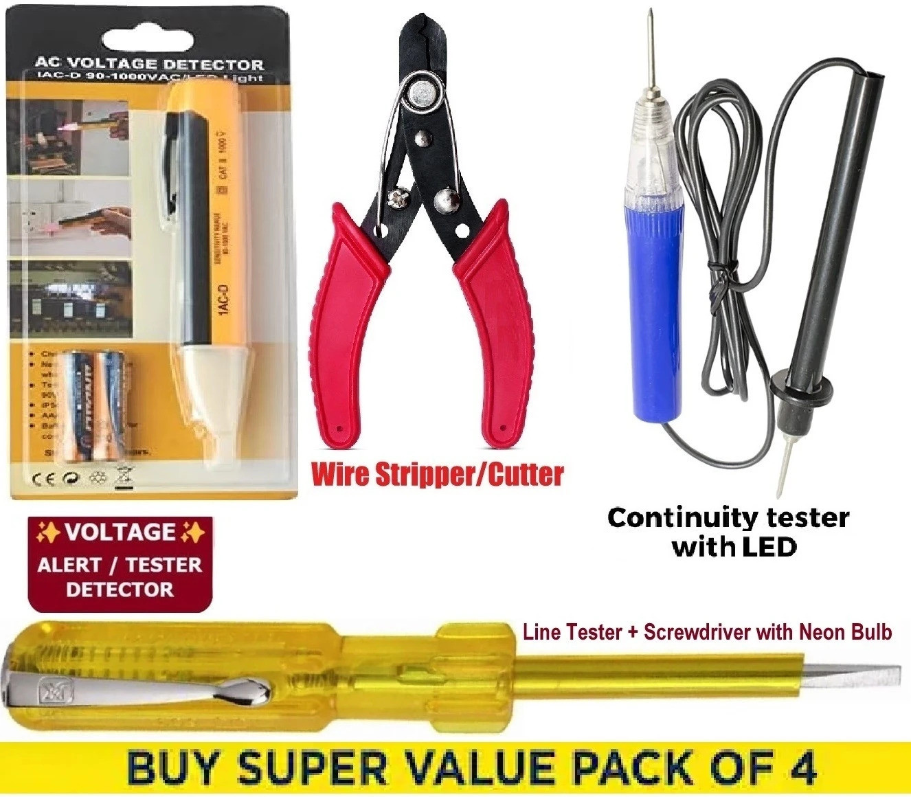 goodsbazaar 4pc Voltage Pen Continuity Tester Wire Cutter Stripper Line Tester Screwdriver Digital Voltage Tester image 1