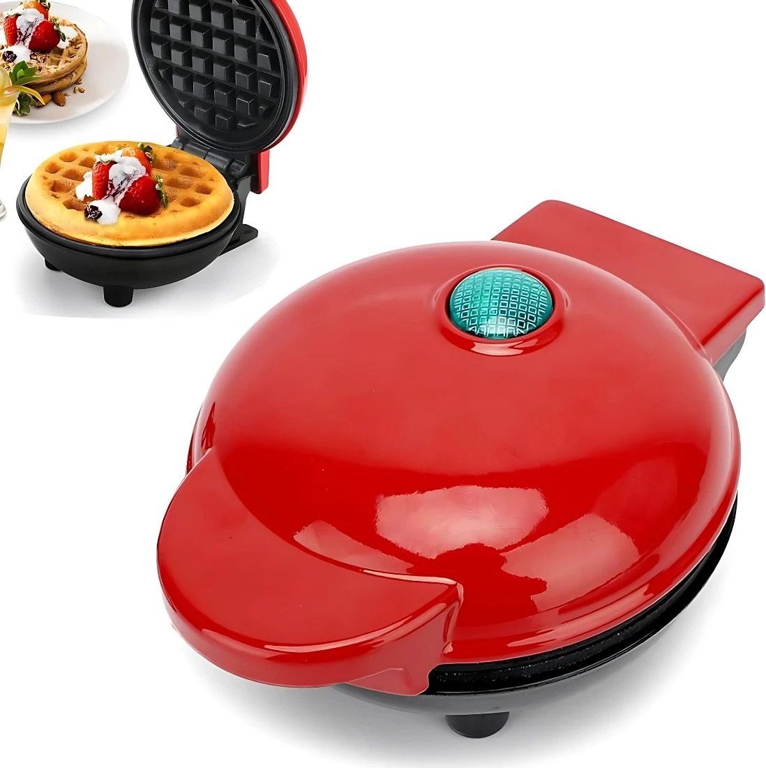 Stainless steel 3-in-1 mini waffle maker, for breakfast (4 inch, 350 watts, red) Waffle Maker
