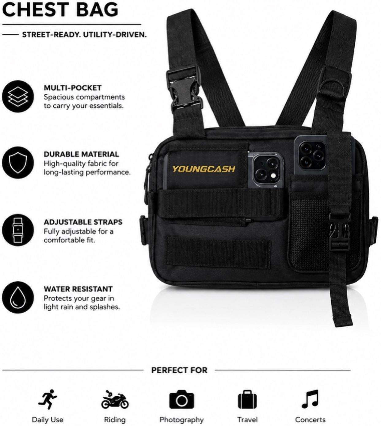 youngcash Tactical Chest Harness Phone Holder Adjustable Chest Rig Lightweight Utility Vest for Running,Travel & Outdoor Activities-image-34