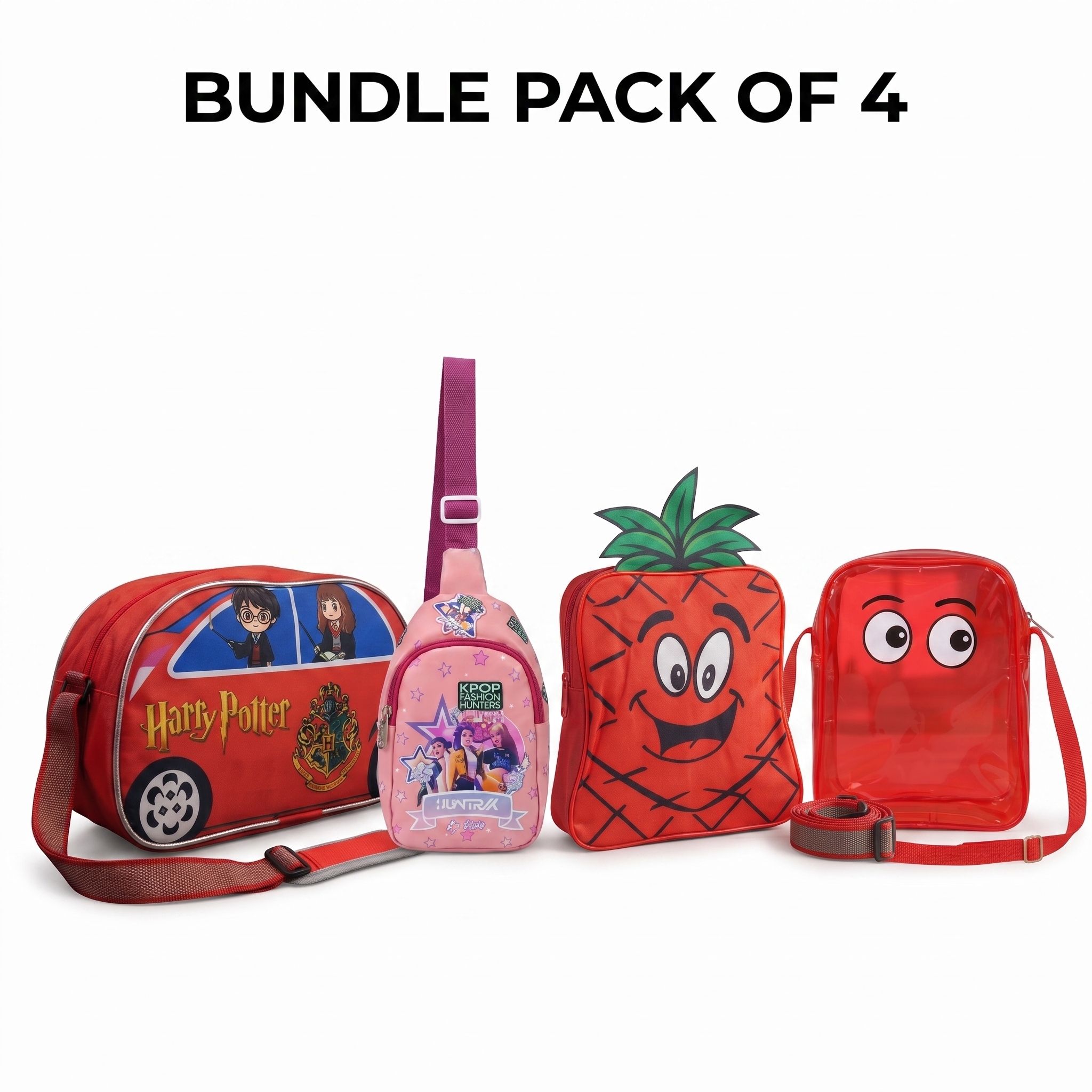 Glitterkids Red Print Kids Sling Bag Pack of 4 Adjustable Strap Zip, School Picnic Travel Birthday Return Gift-image-5